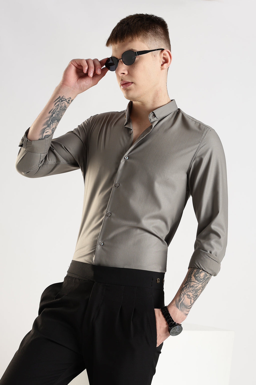 Men Liquid Nylon Plain Shirts-Dk Grey