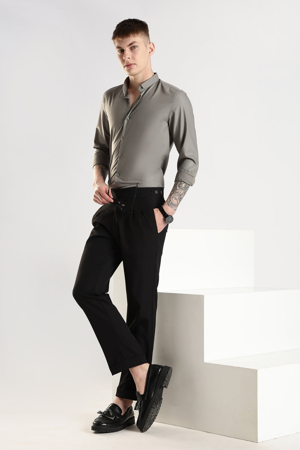 Men Liquid Nylon Plain Shirts-Dk Grey