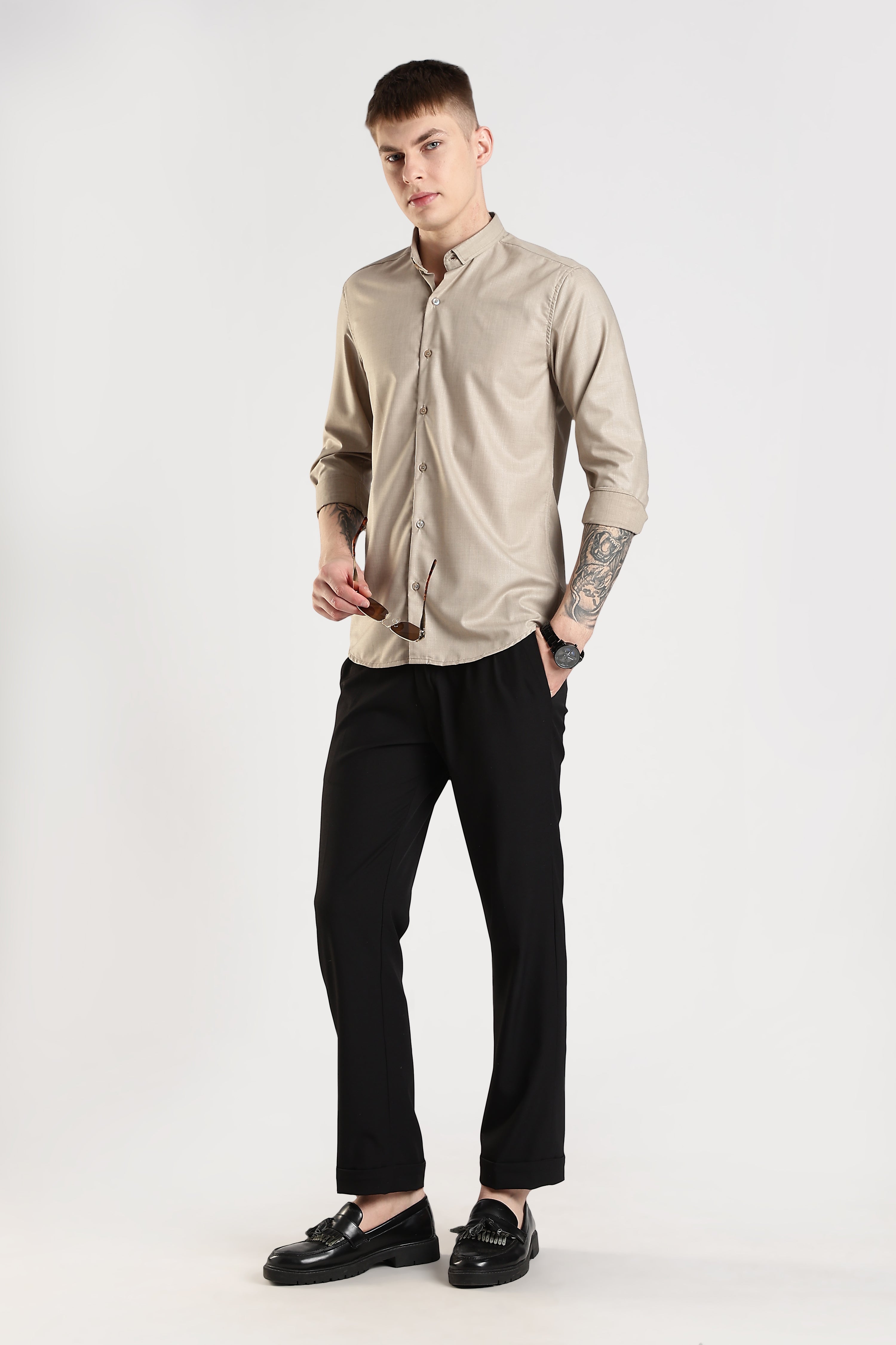 Men Liquid Nylon Plain Shirts-Fawn