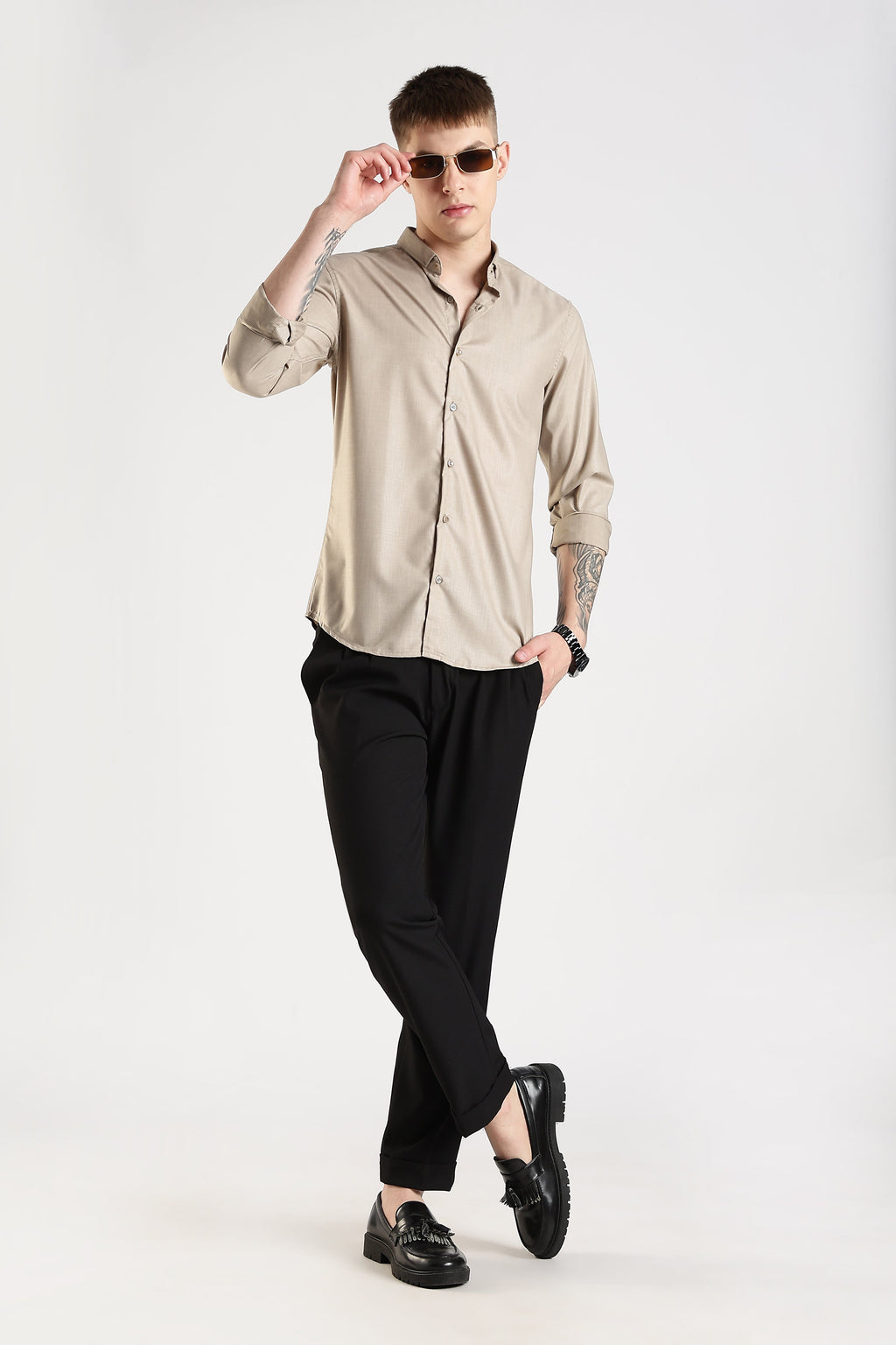 Men Liquid Nylon Plain Shirts-Fawn