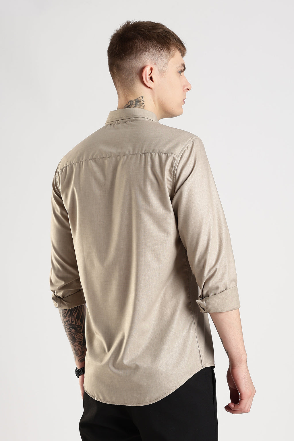 Men Liquid Nylon Plain Shirts-Fawn