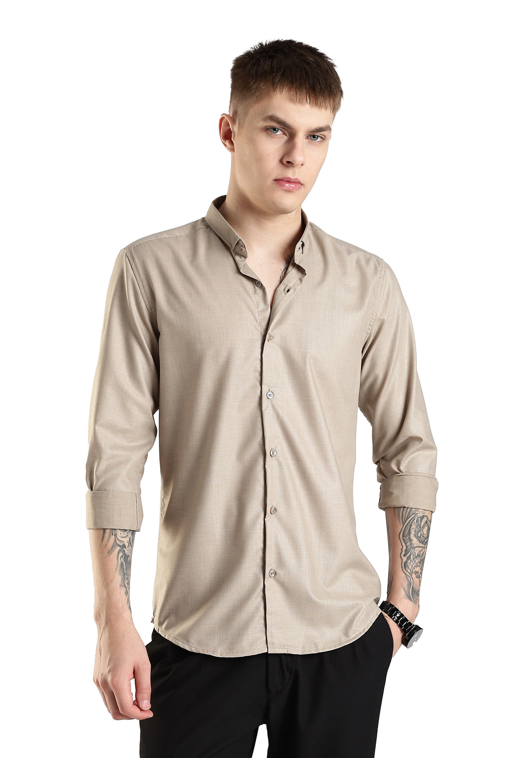 Men Liquid Nylon Plain Shirts-Fawn