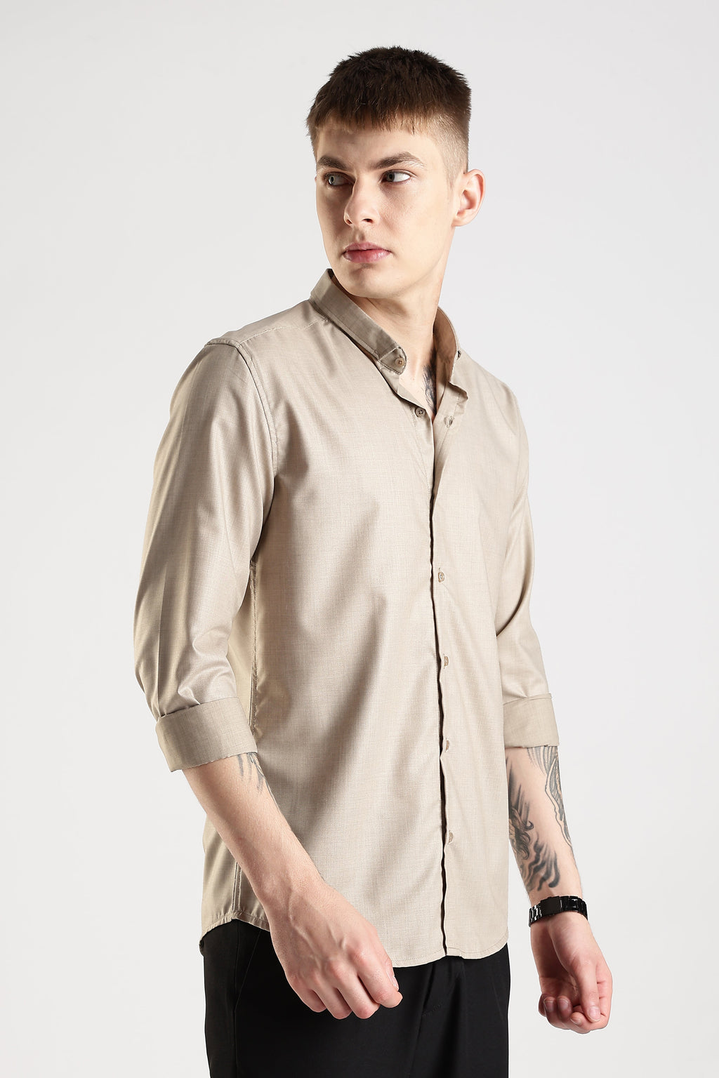 Men Liquid Nylon Plain Shirts-Fawn