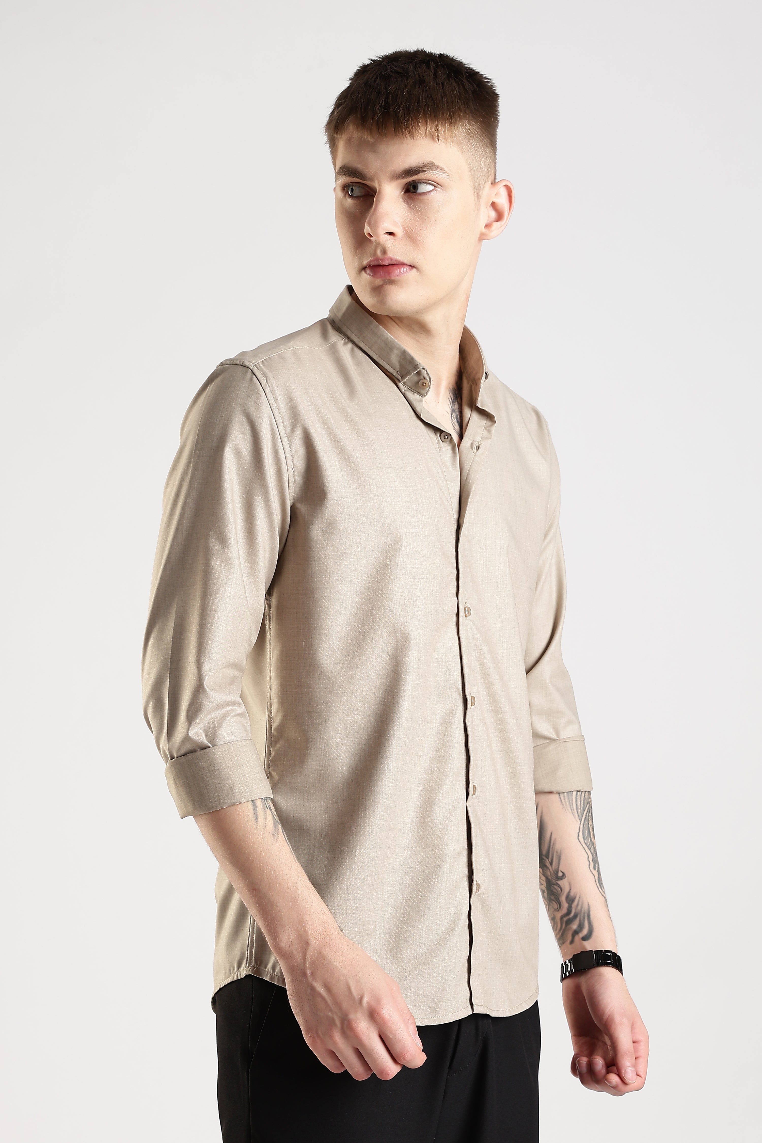 Men Liquid Nylon Plain Shirts-Fawn