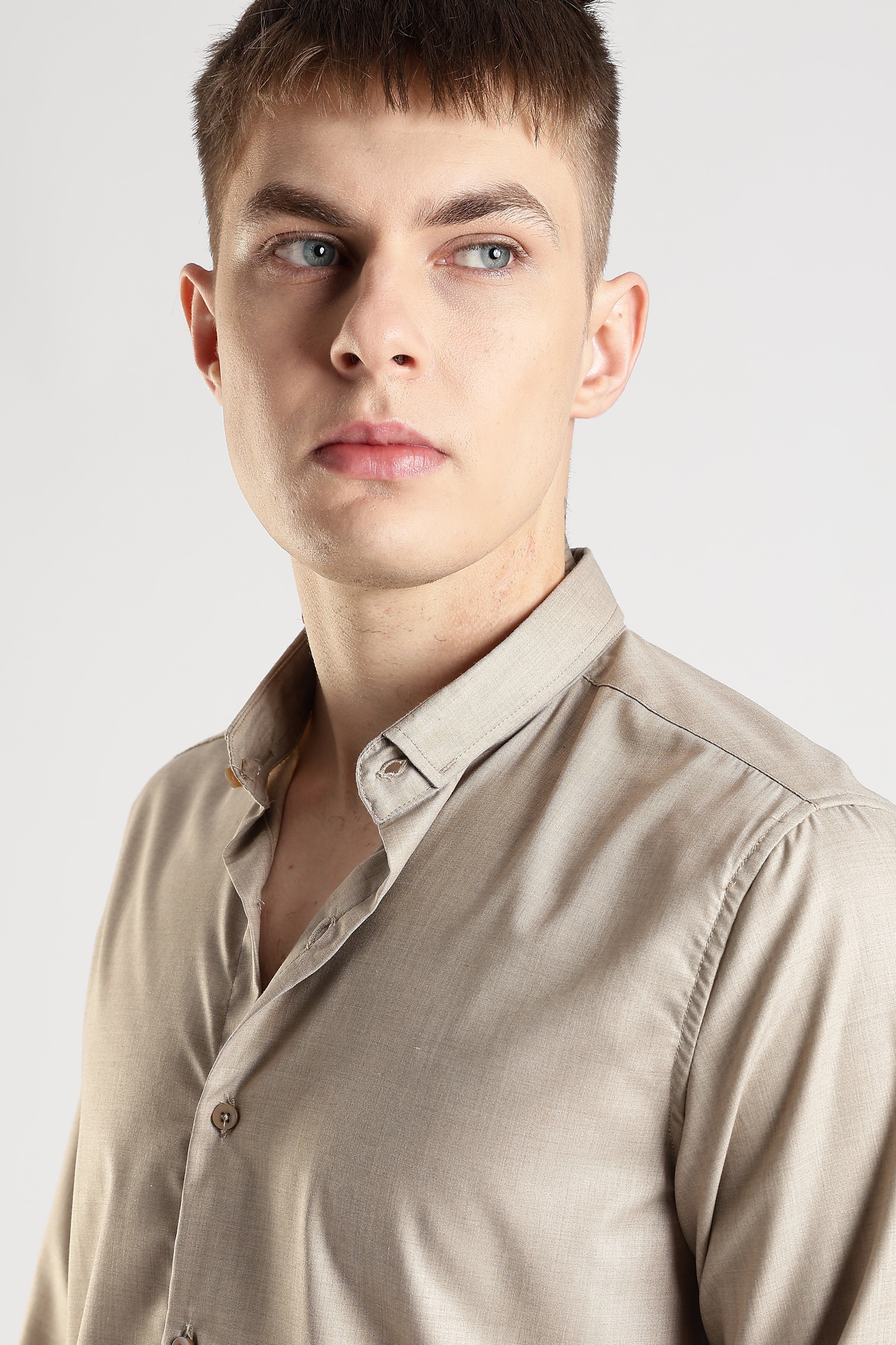 Men Liquid Nylon Plain Shirts-Fawn
