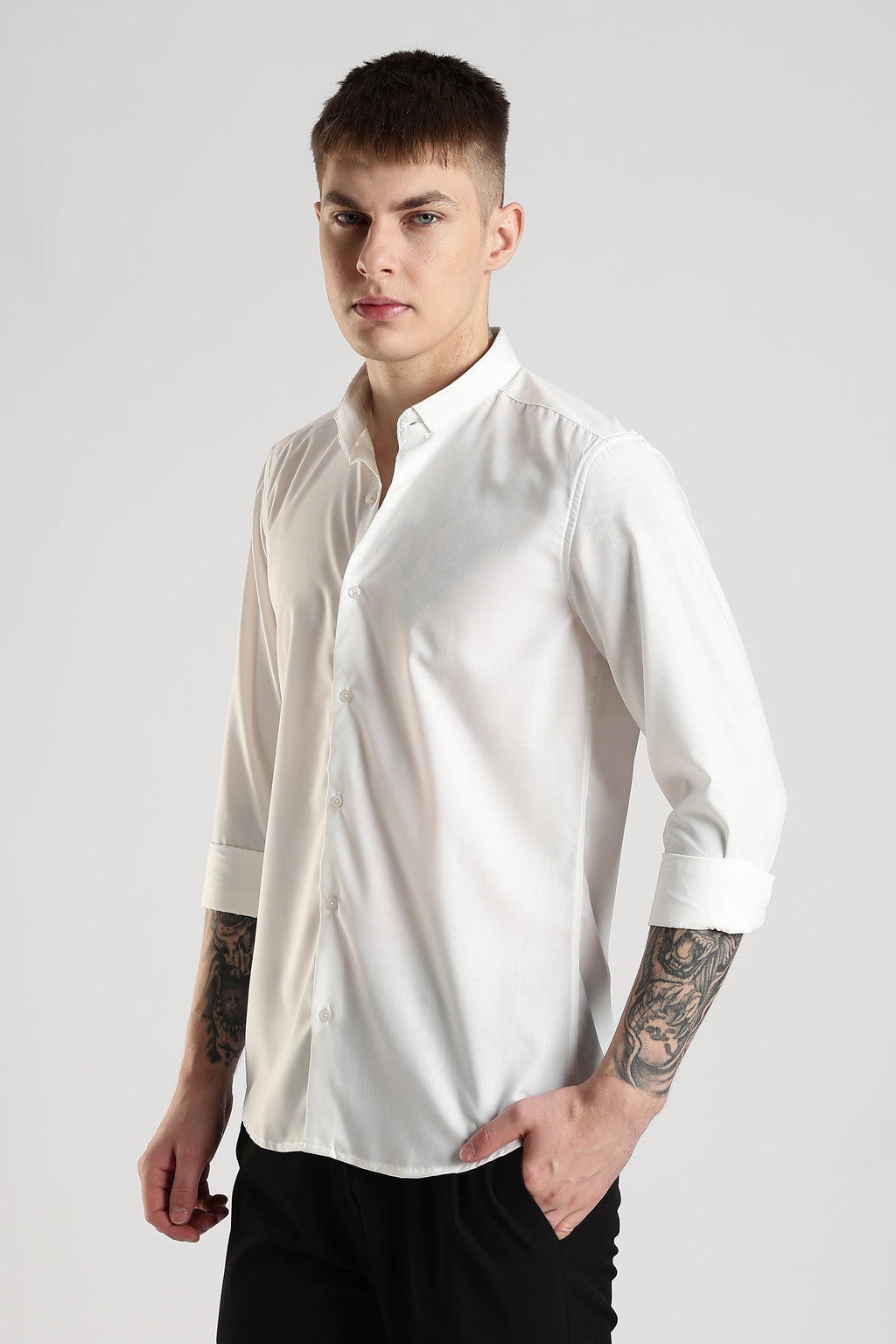Men Liquid Nylon Plain Shirts-White