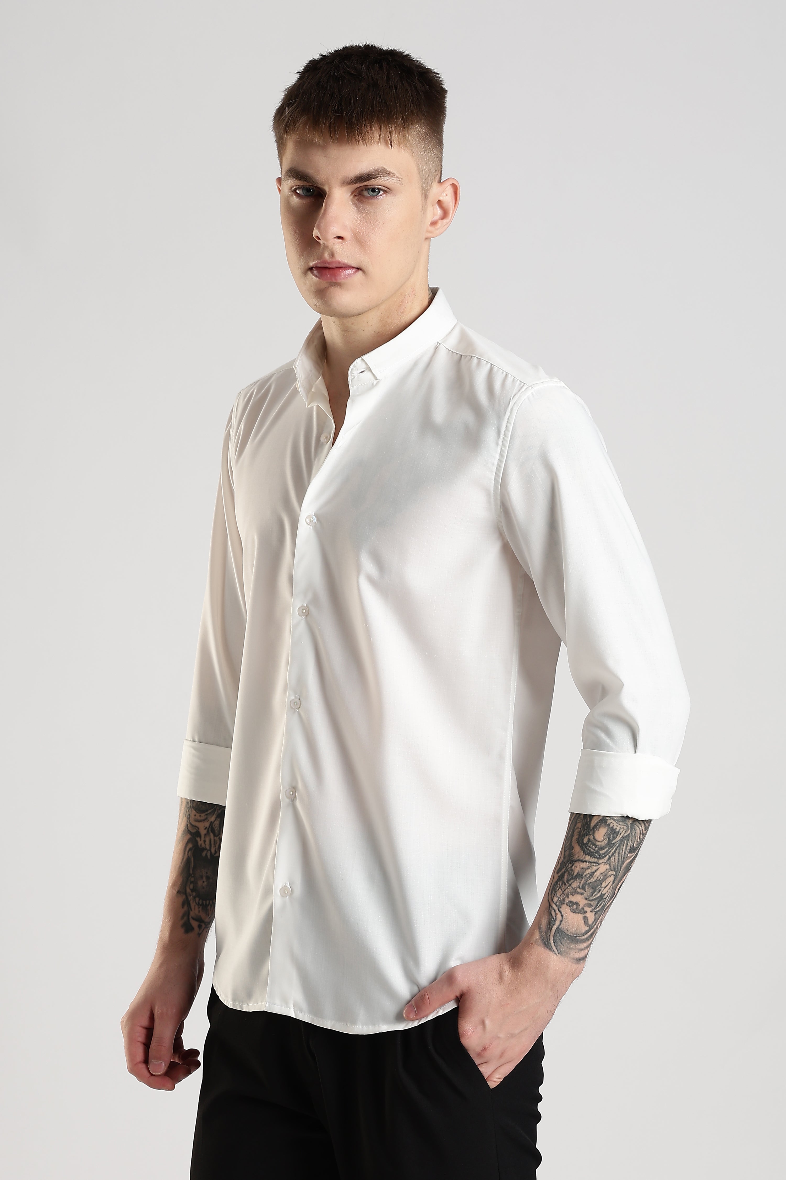 Men Liquid Nylon Plain Shirts-White