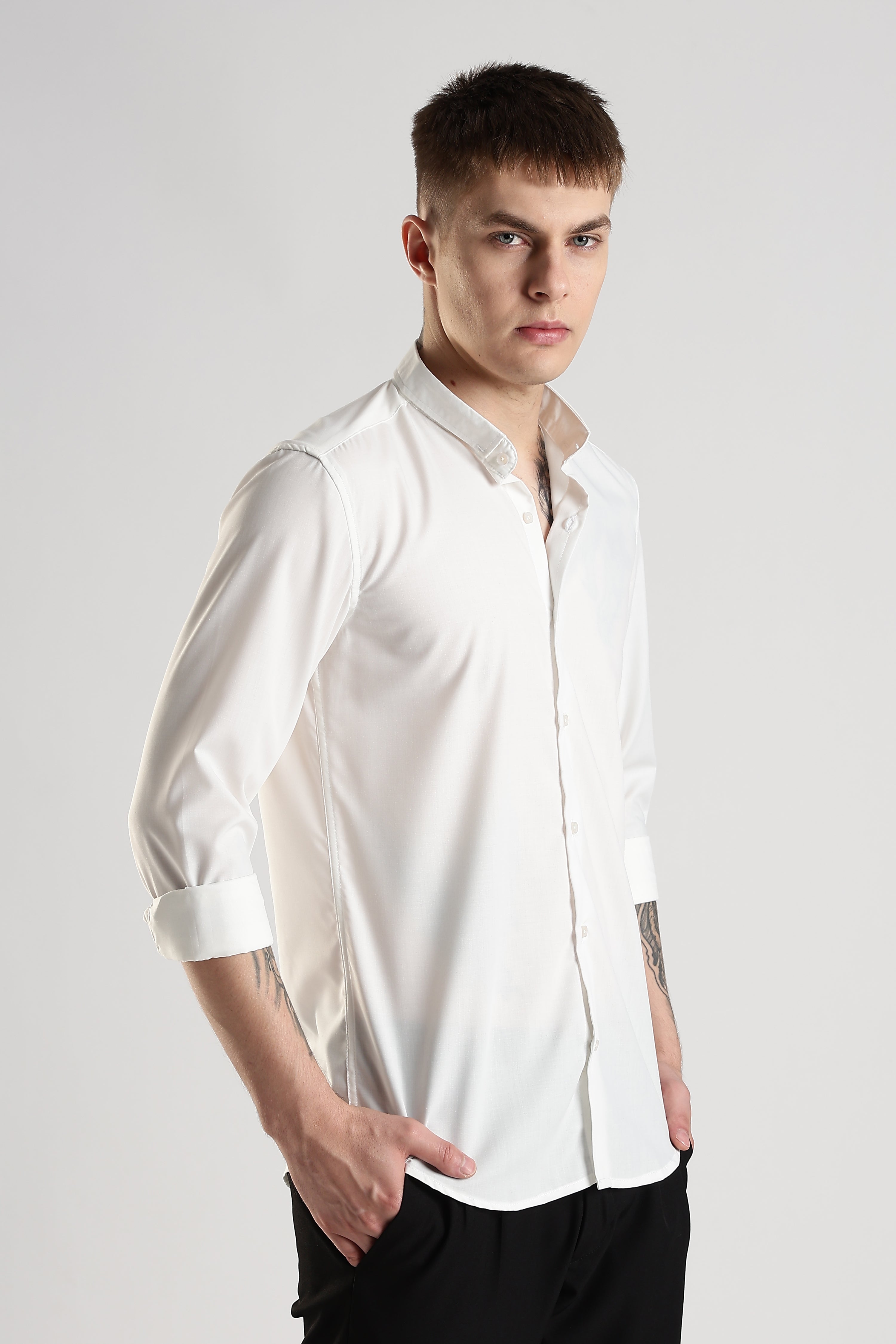 Men Liquid Nylon Plain Shirts-White