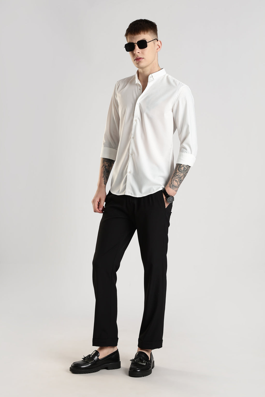 Men Liquid Nylon Plain Shirts-White