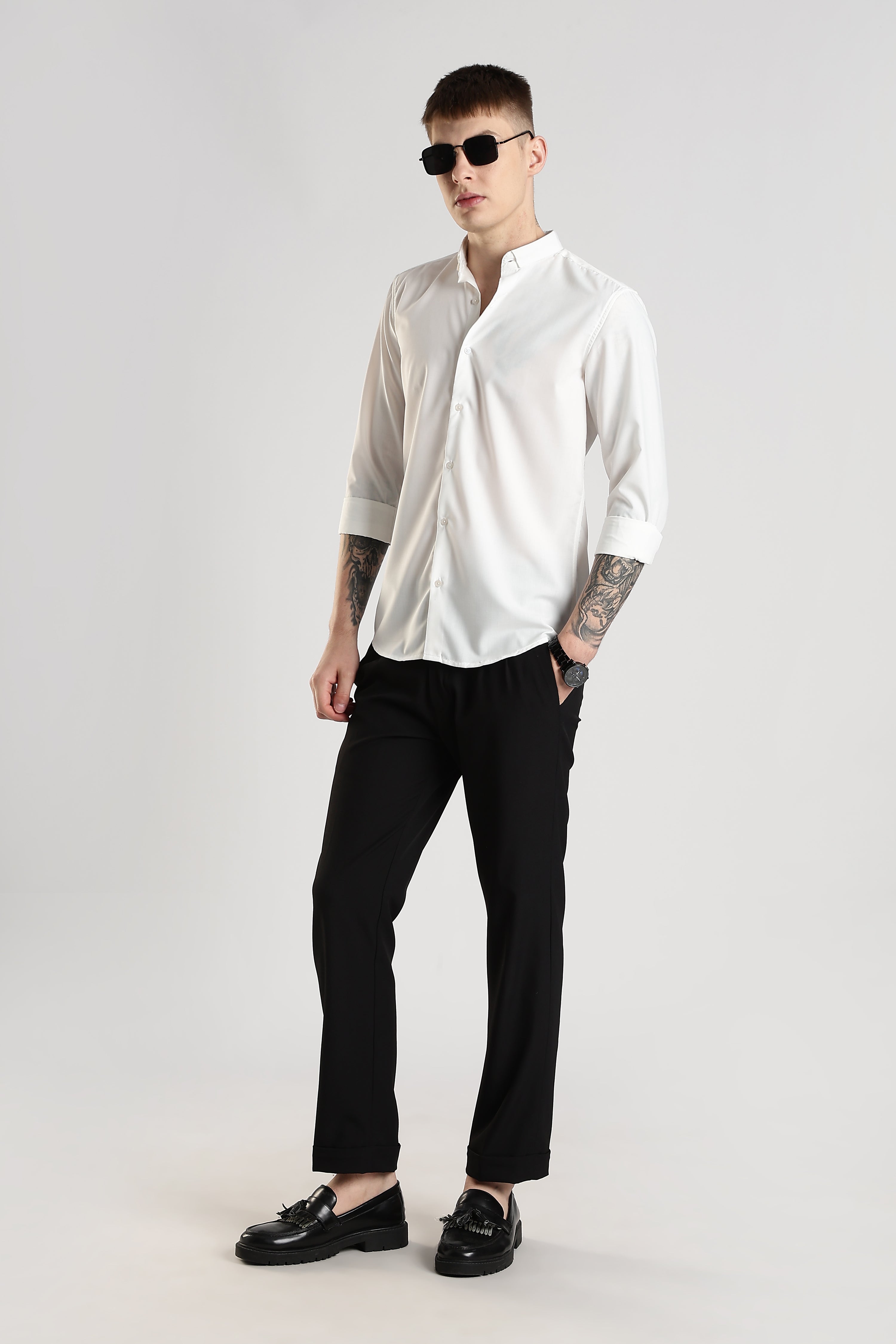 Men Liquid Nylon Plain Shirts-White