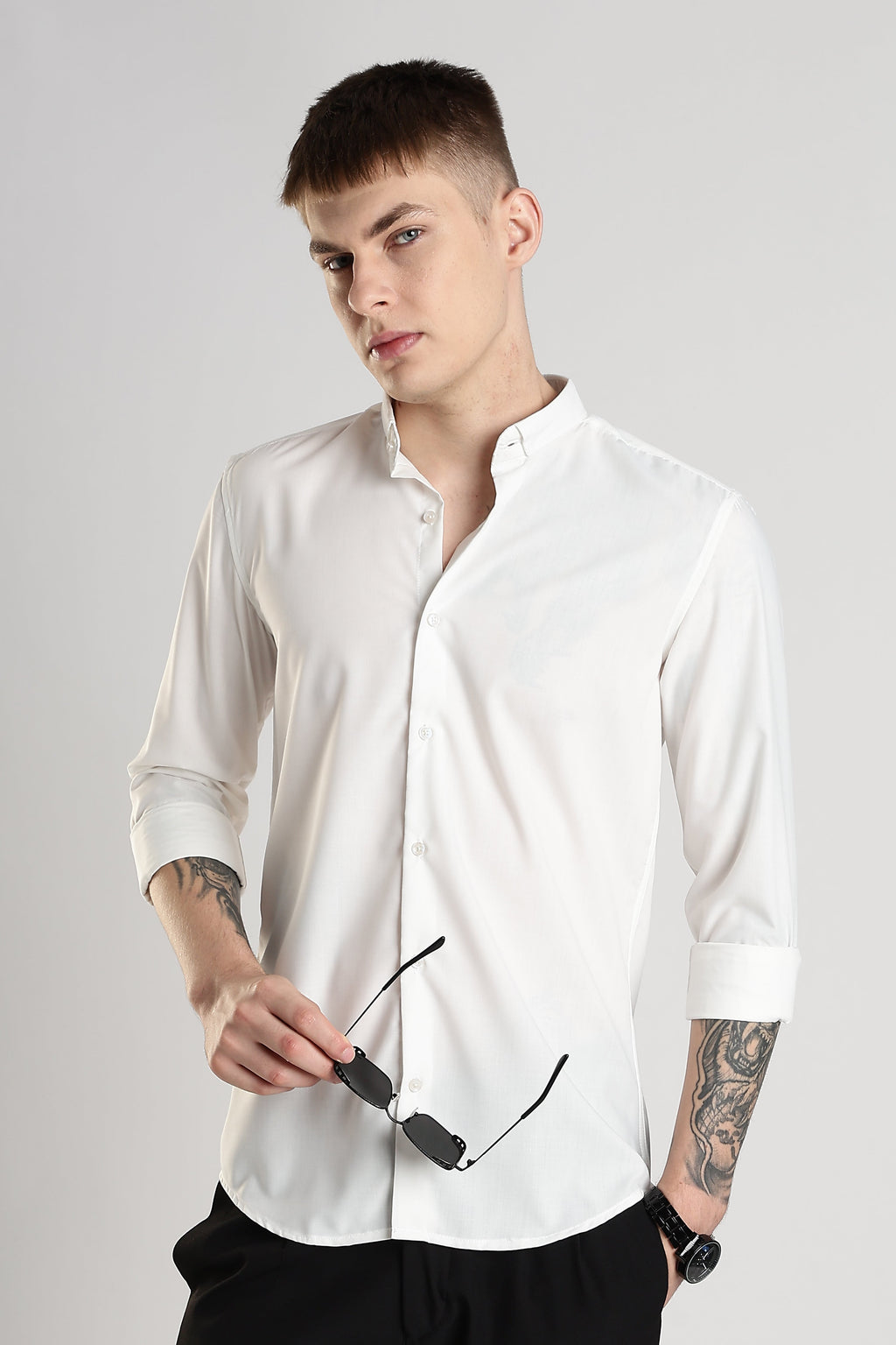 Men Liquid Nylon Plain Shirts-White