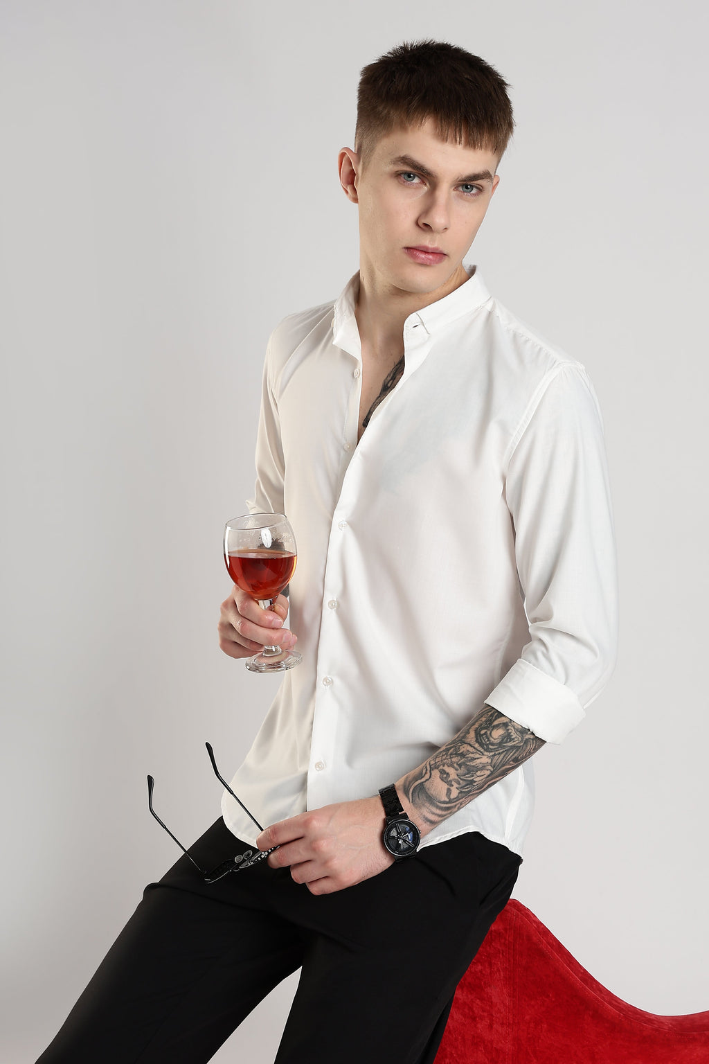Men Liquid Nylon Plain Shirts-White