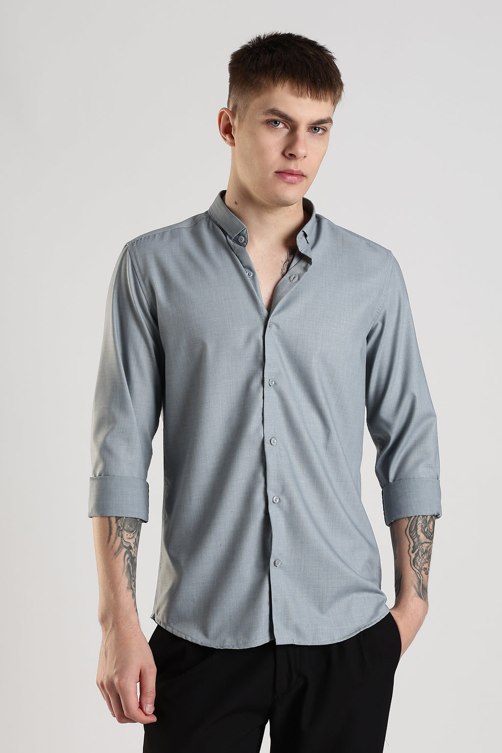 Men Liquid Nylon Plain Shirts-Grey