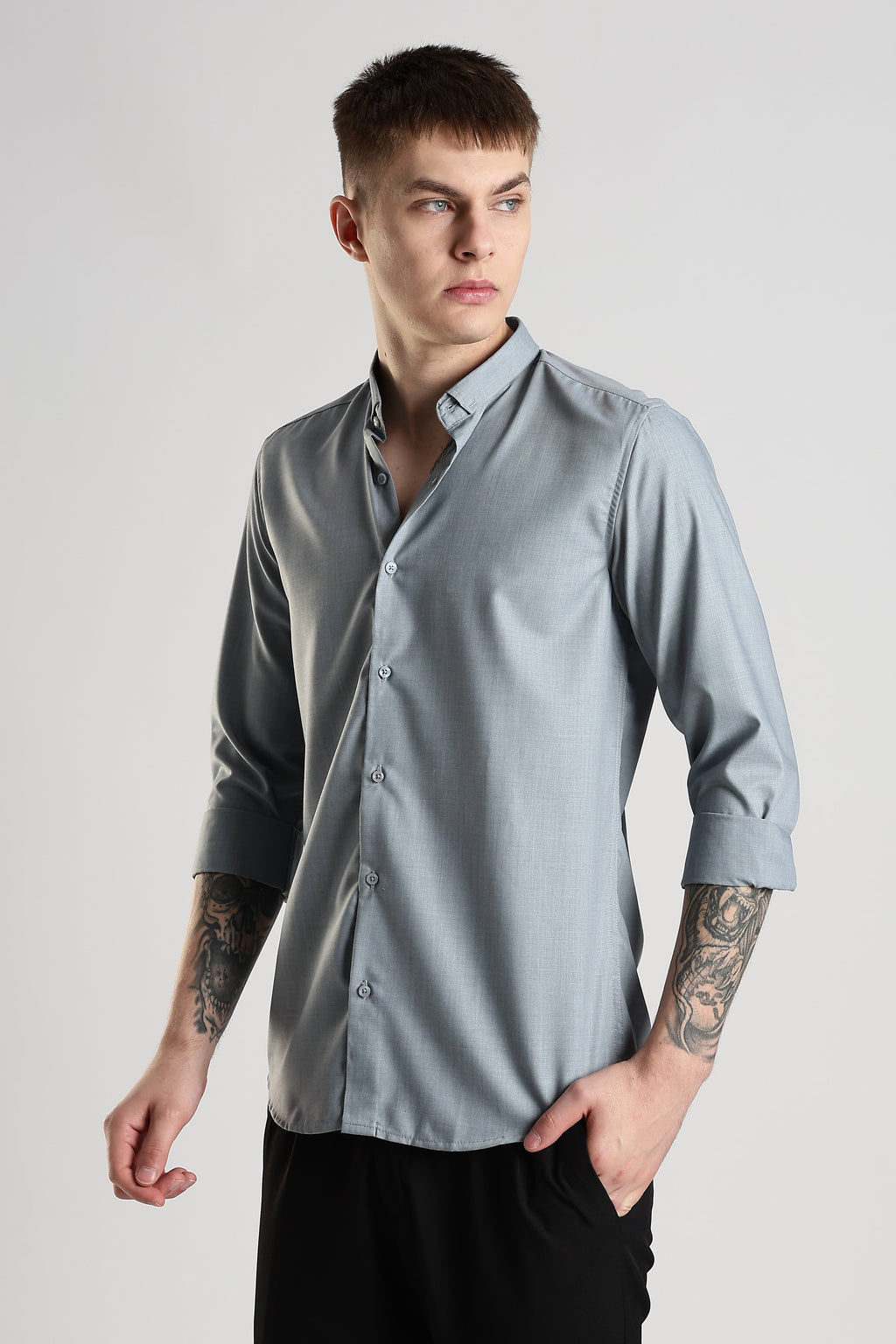 Men Liquid Nylon Plain Shirts-Grey