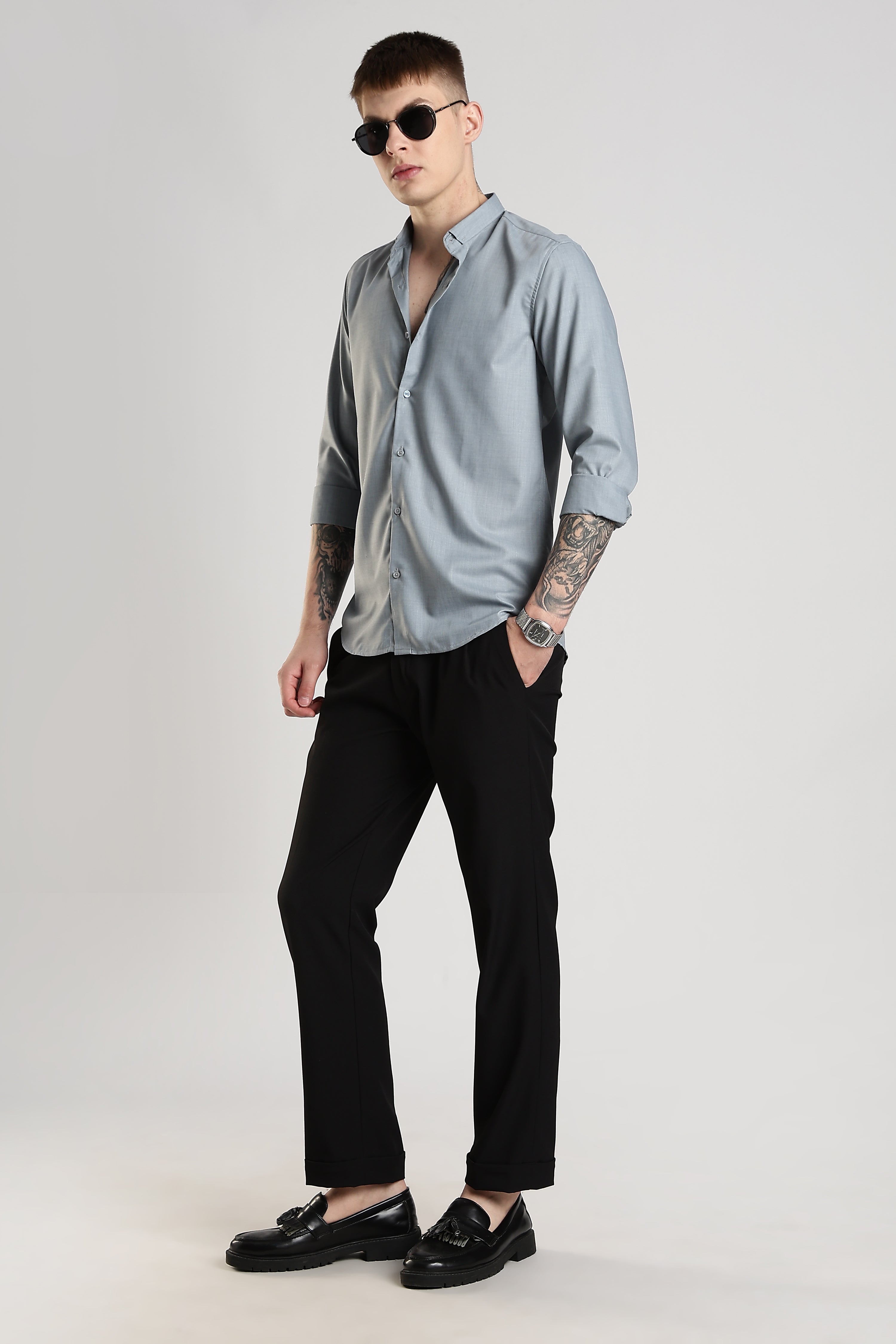 Men Liquid Nylon Plain Shirts-Grey