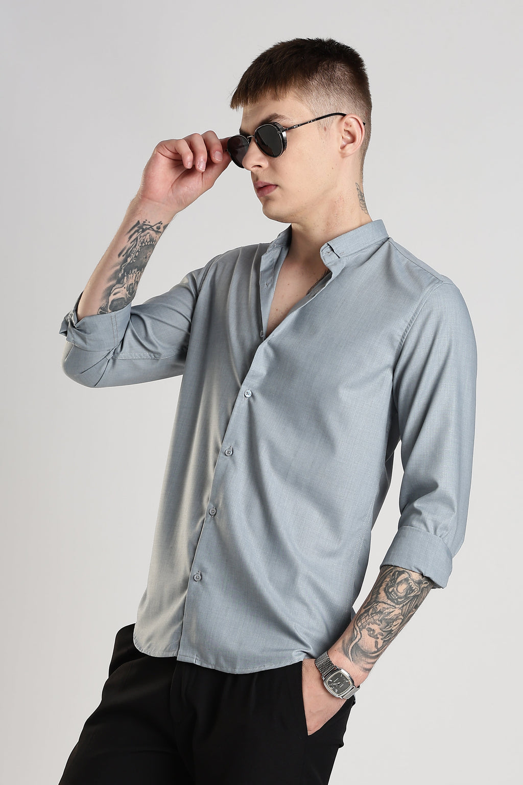 Men Liquid Nylon Plain Shirts-Grey