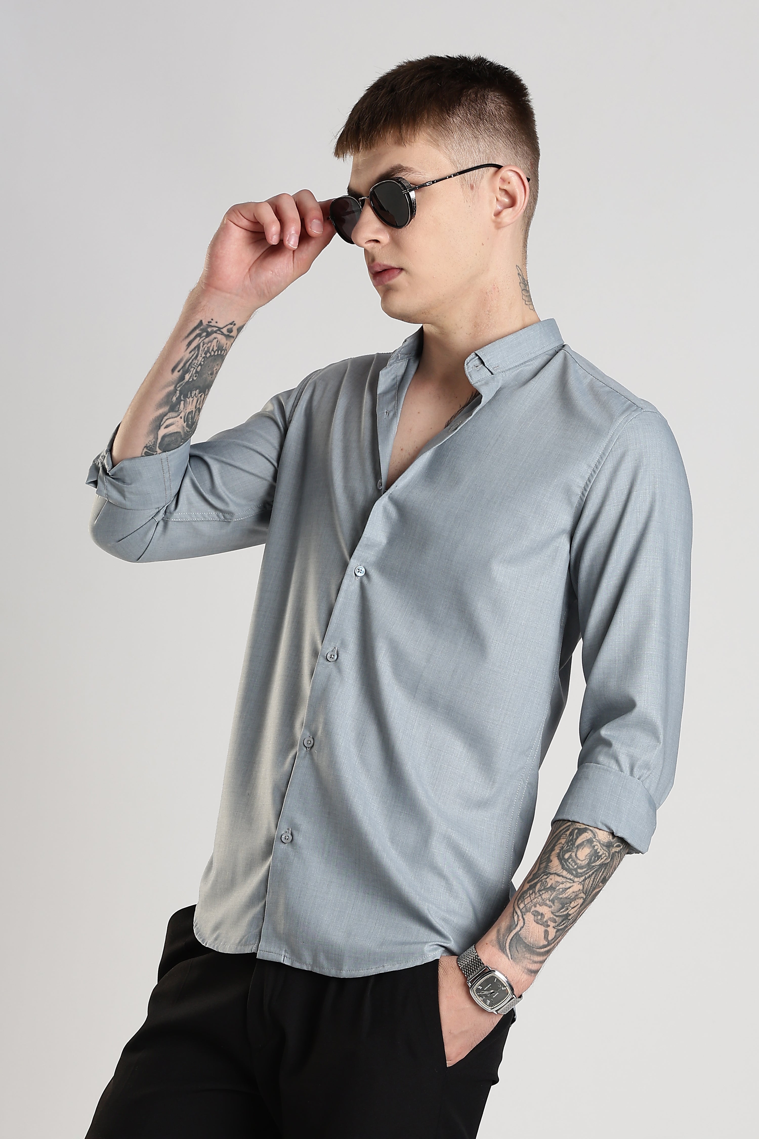 Men Liquid Nylon Plain Shirts-Grey