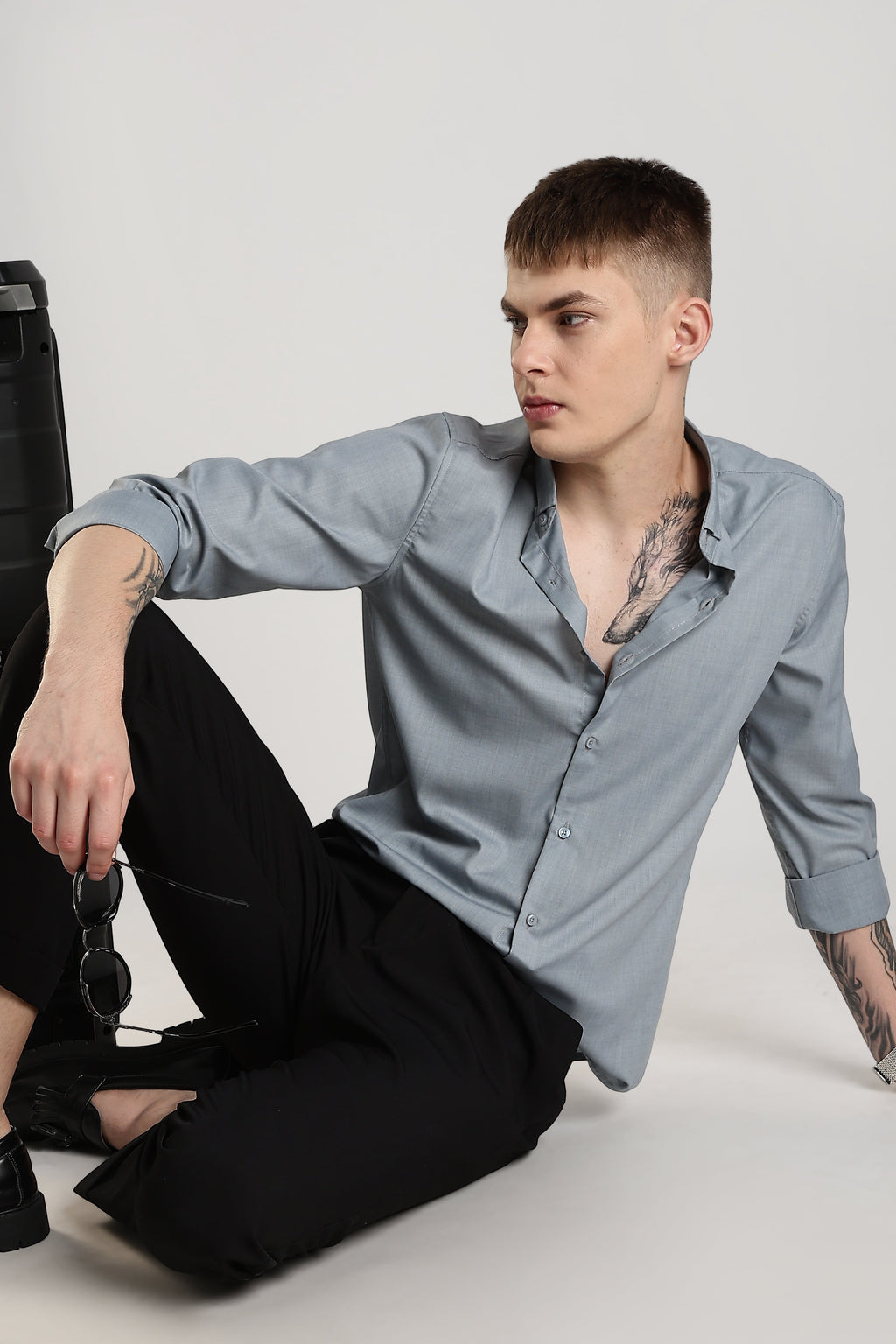 Men Liquid Nylon Plain Shirts-Grey