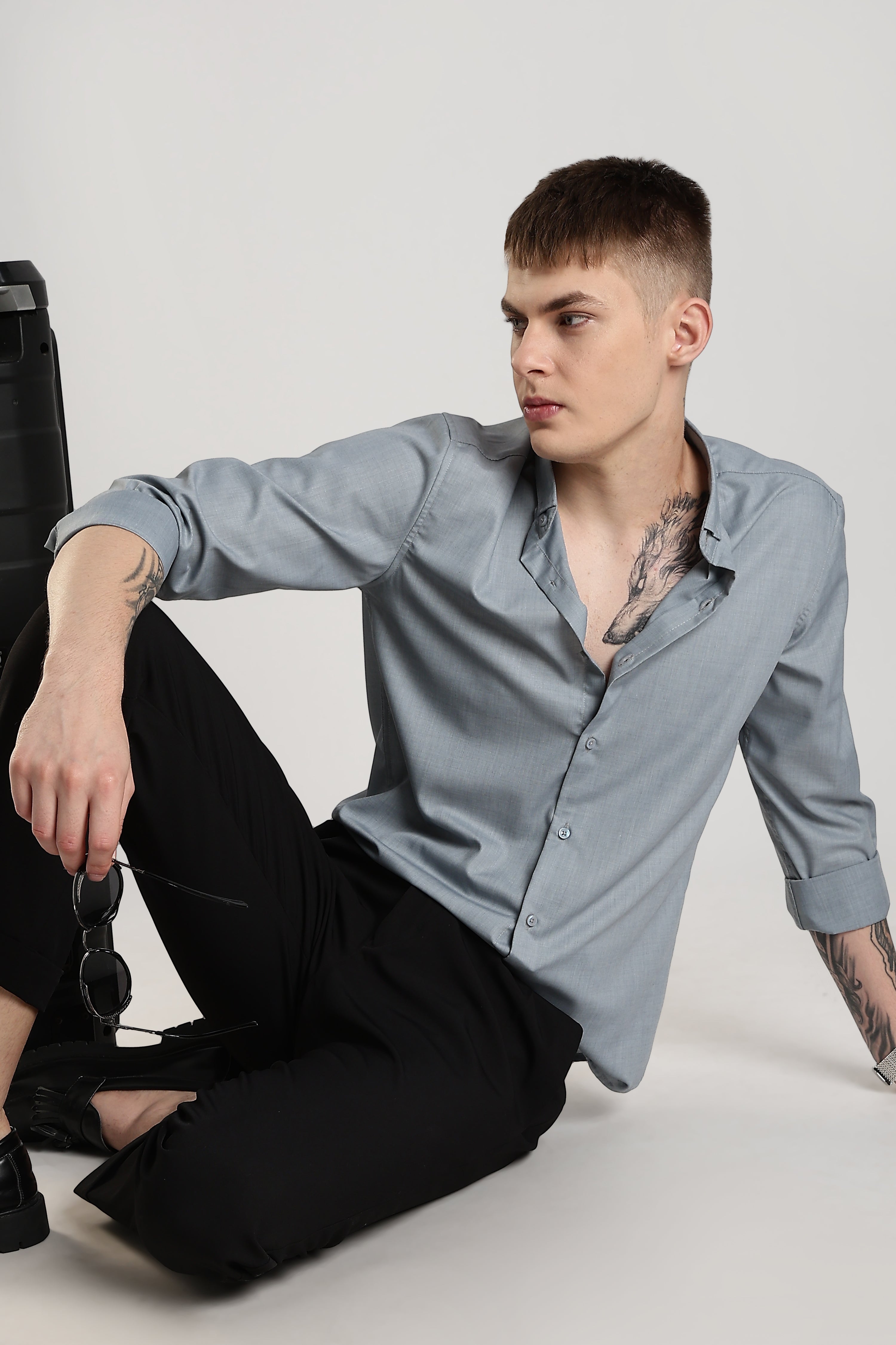Men Liquid Nylon Plain Shirts-Grey