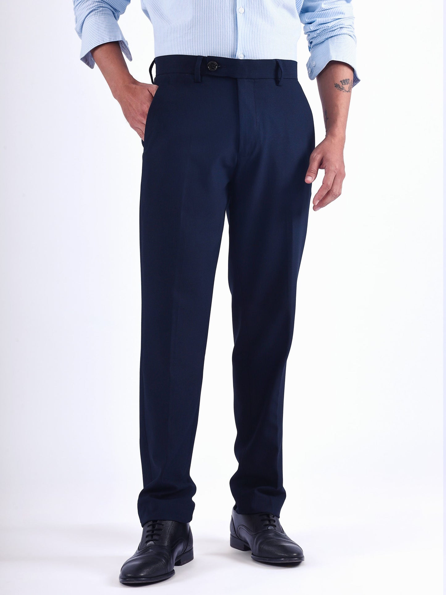 Stretch Easy Striped Formal Pants In Blue