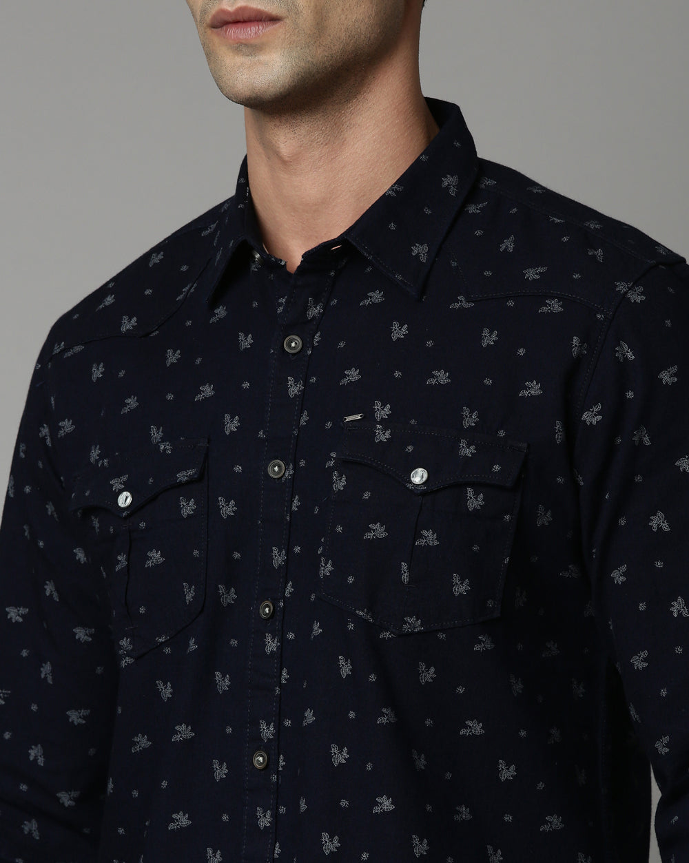 Indigo Double Pocket Denim Printed Shirt