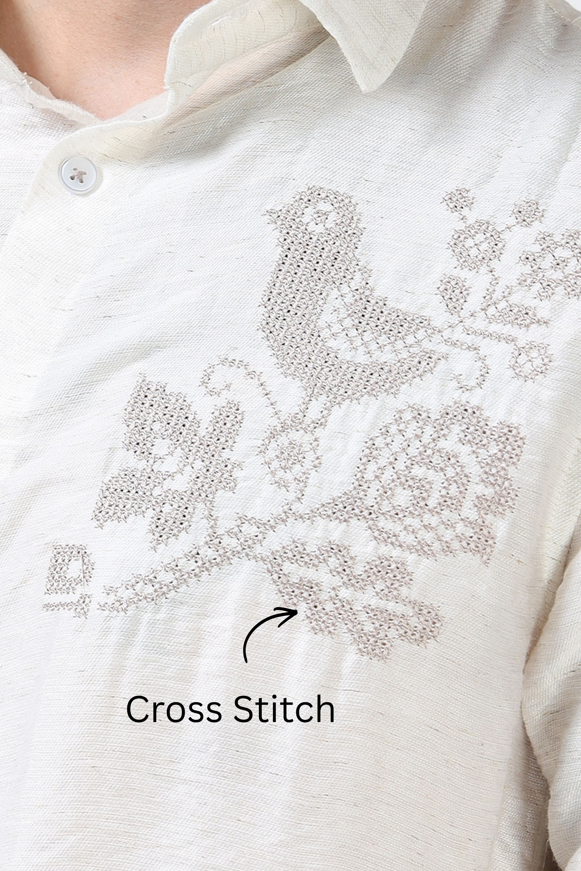 Men’s White Textured Cotton Casual Shirt with Bird Embroidery Detailing