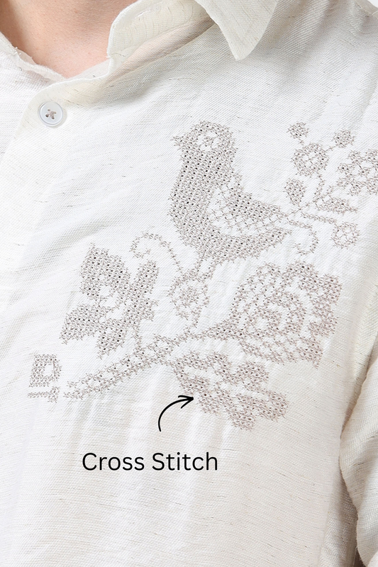 Men’s White Textured Cotton Casual Shirt with Bird Embroidery Detailing