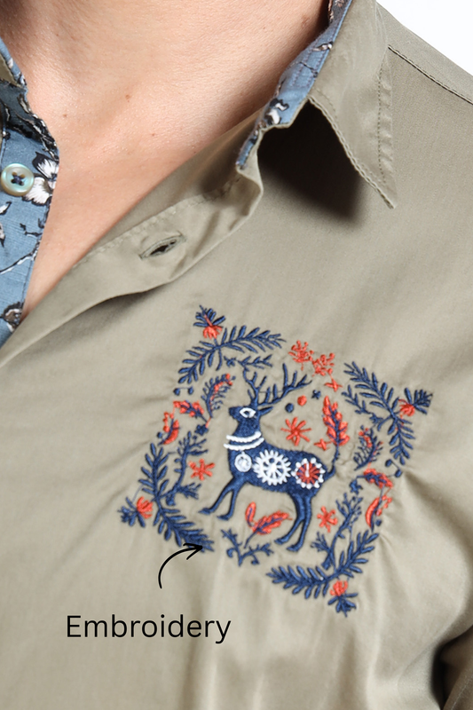 Men’s Olive Green Slim-Fit Shirt with Embroidered Stag Motif