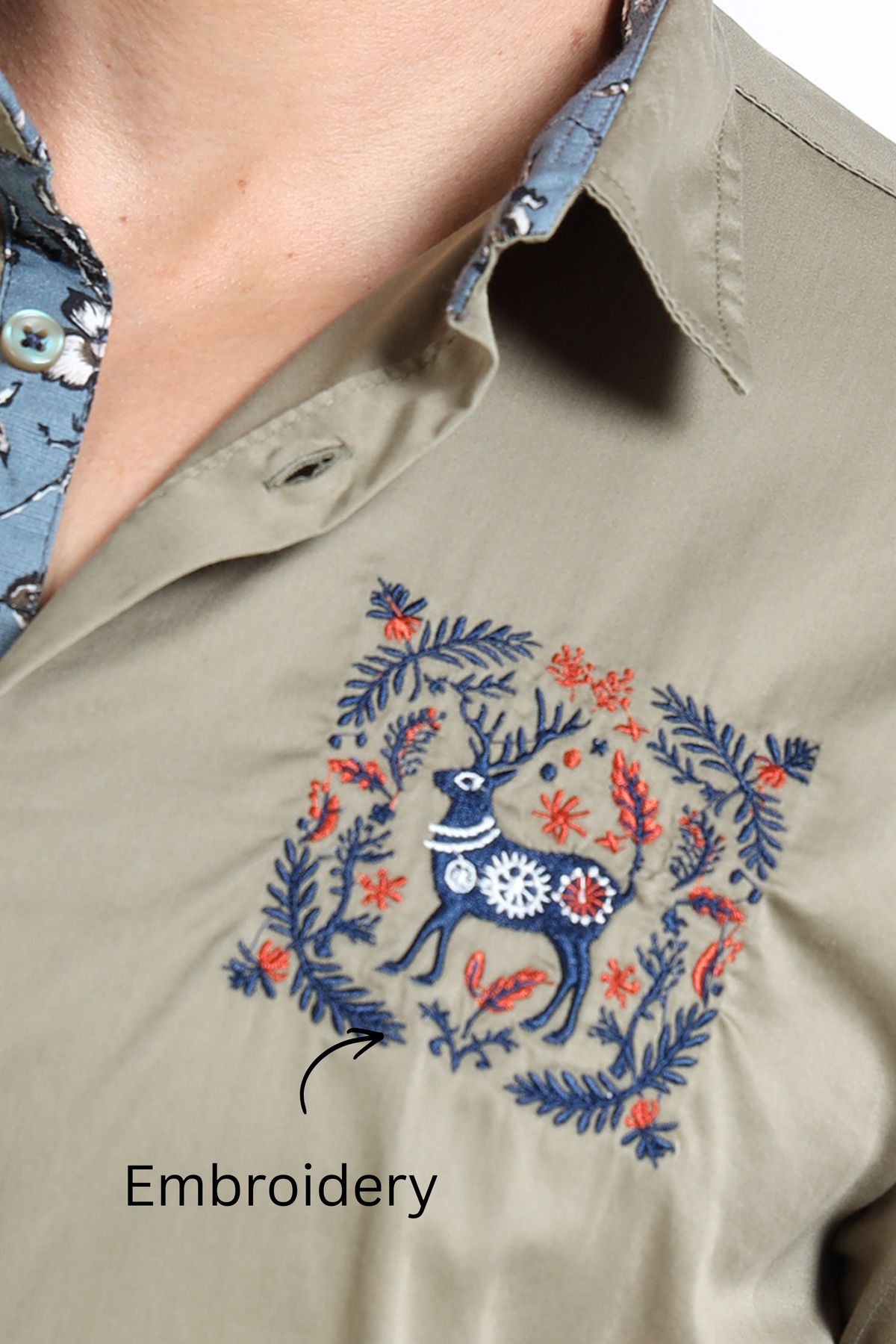 Men’s Olive Green Slim-Fit Shirt with Embroidered Stag Motif