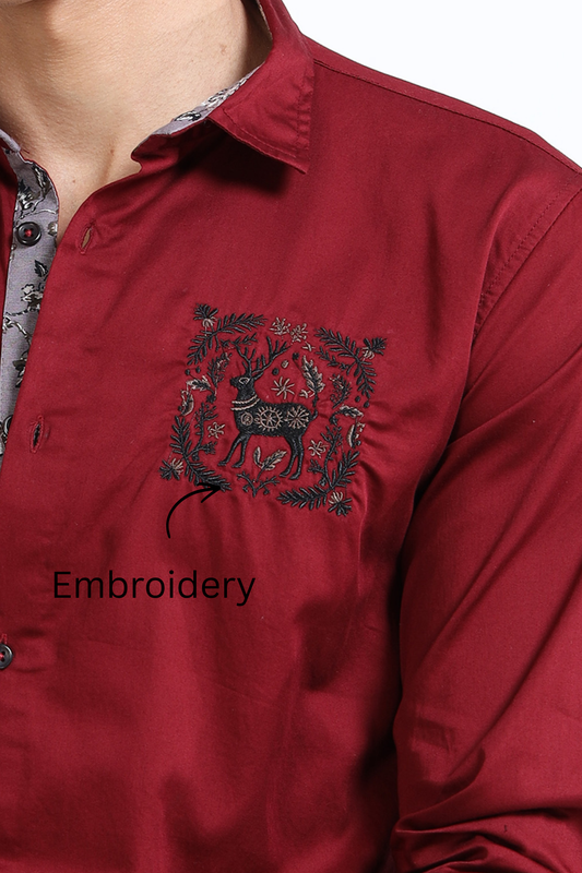Men’s Maroon Casual Shirt with Embroidered Chest & Contrast Cuffs