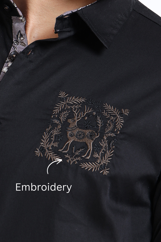 Men’s Black Cotton Casual Shirt with Embroidered Deer Detailing