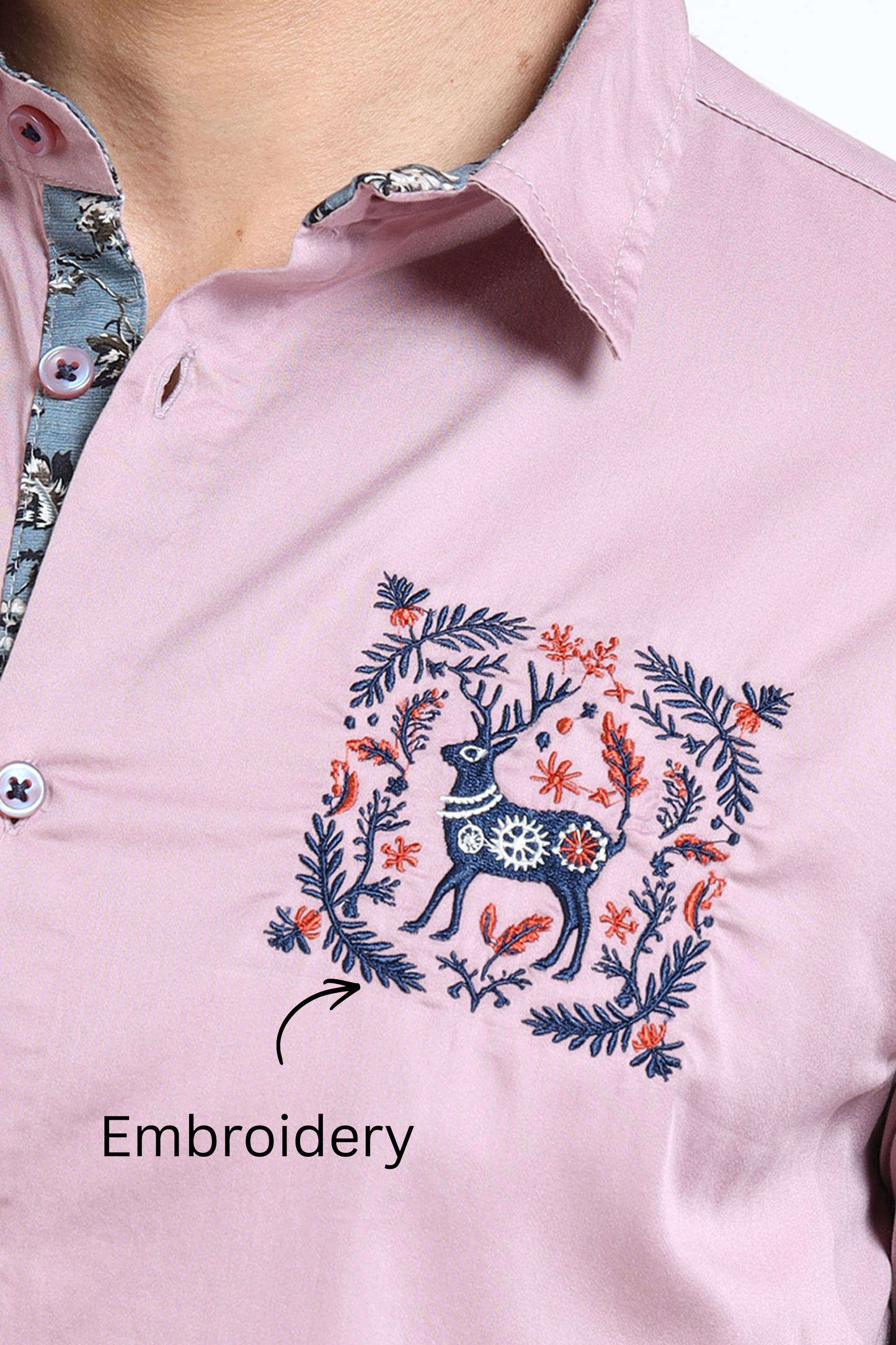 Men’s Mauve Slim-Fit Cotton Shirt with Embroidered Deer Motif