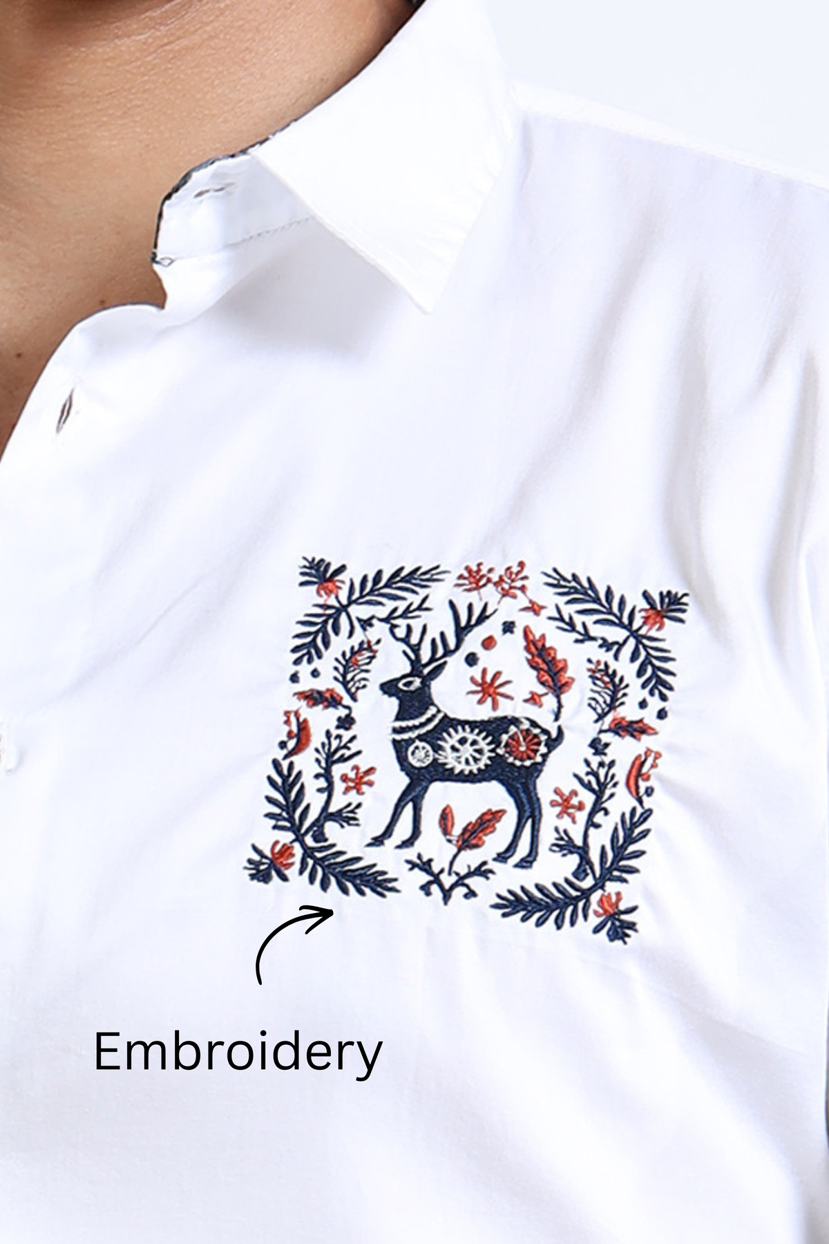 White Slim Fit Shirt with Embroidered Detail & Contrast Floral Accents