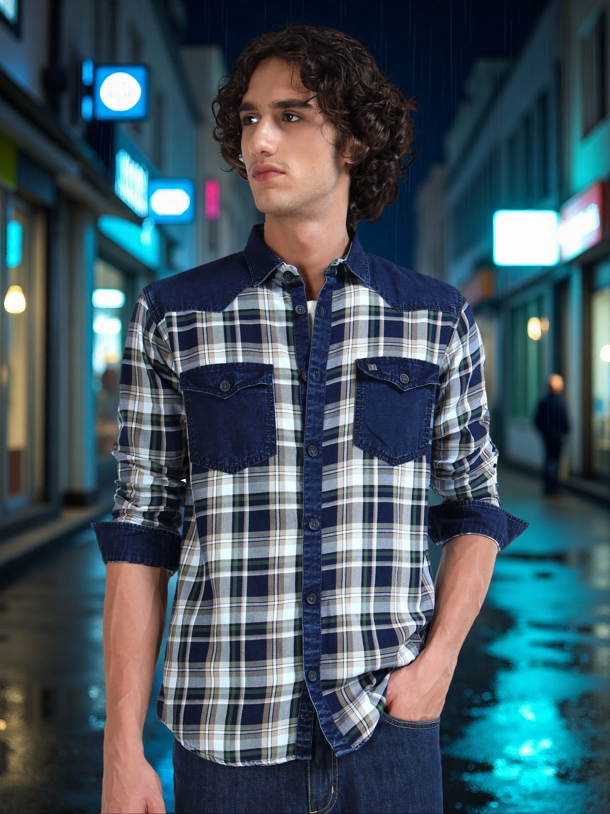Men’s Indigo Denim Hooded Utility Shirt with Plaid Contrast Sleeves