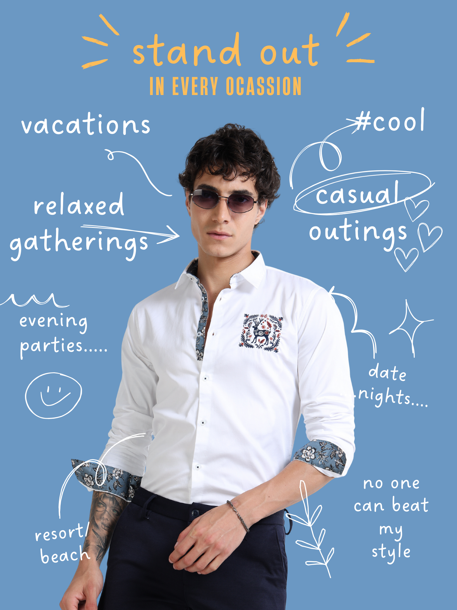 White Slim Fit Shirt with Embroidered Detail & Contrast Floral Accents