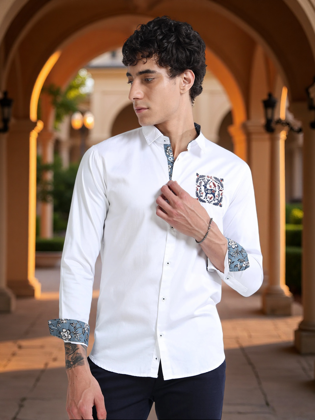 White Slim Fit Shirt with Embroidered Detail & Contrast Floral Accents