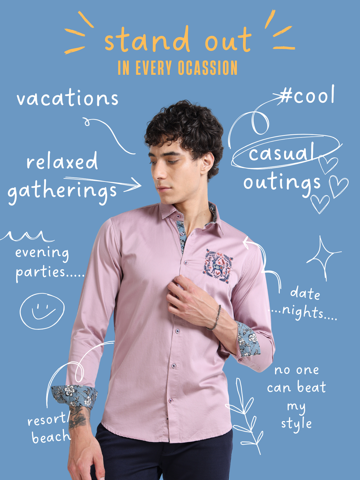 Men’s Mauve Slim-Fit Cotton Shirt with Embroidered Deer Motif