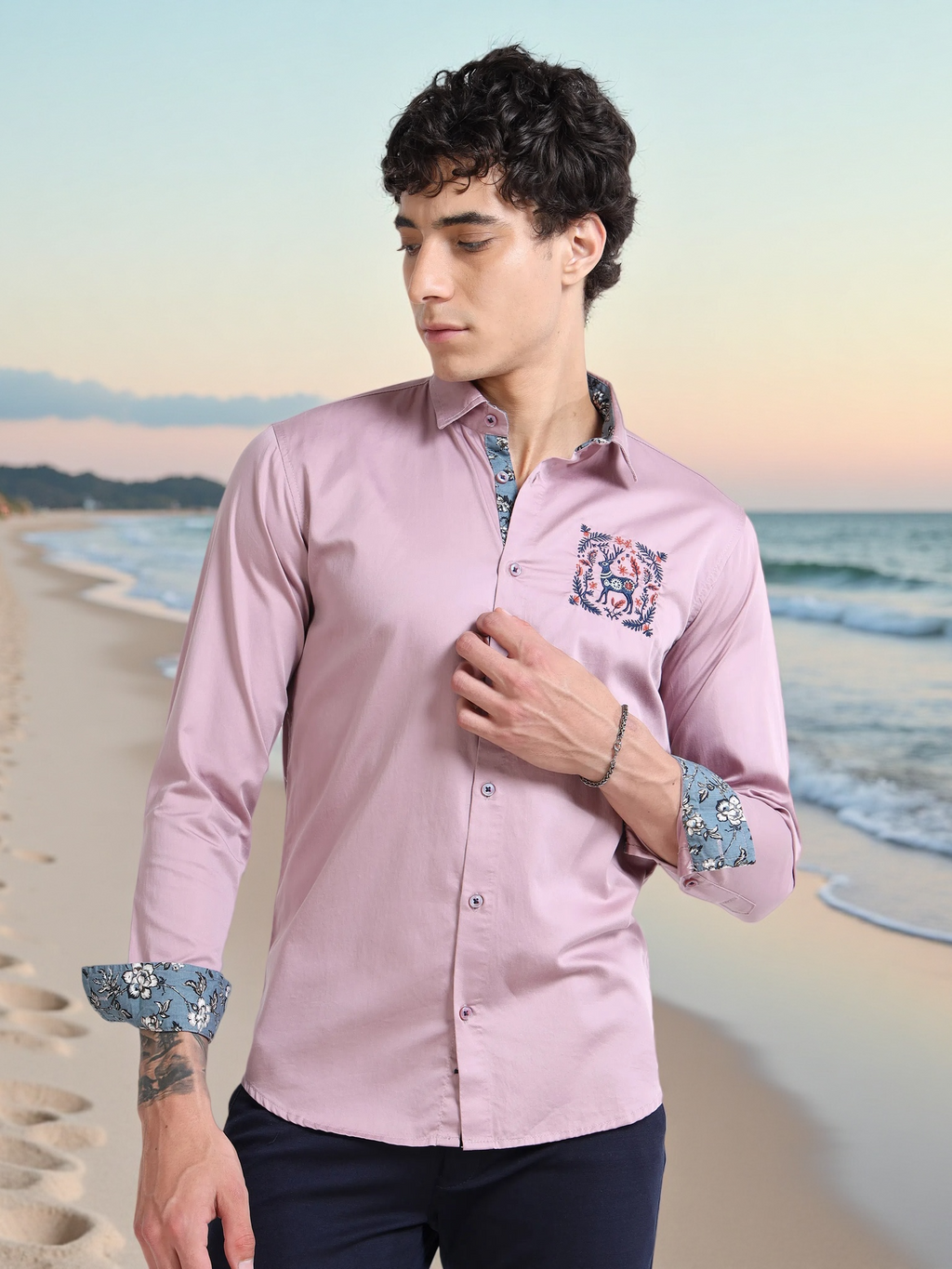 Men’s Mauve Slim-Fit Cotton Shirt with Embroidered Deer Motif