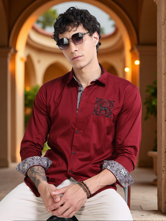 Men’s Maroon Casual Shirt with Embroidered Chest & Contrast Cuffs