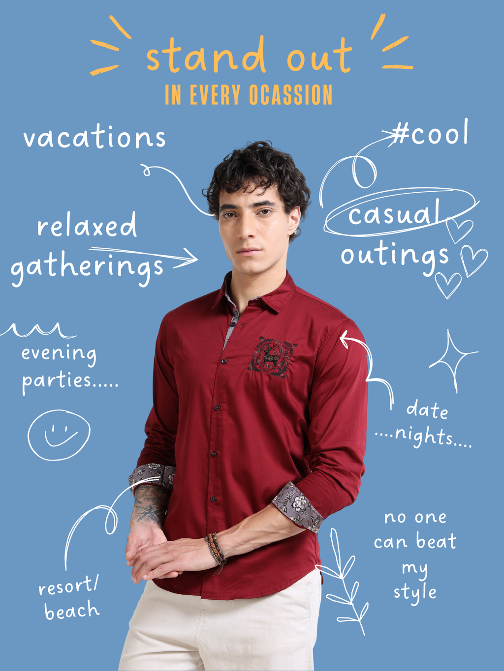 Men’s Maroon Casual Shirt with Embroidered Chest & Contrast Cuffs