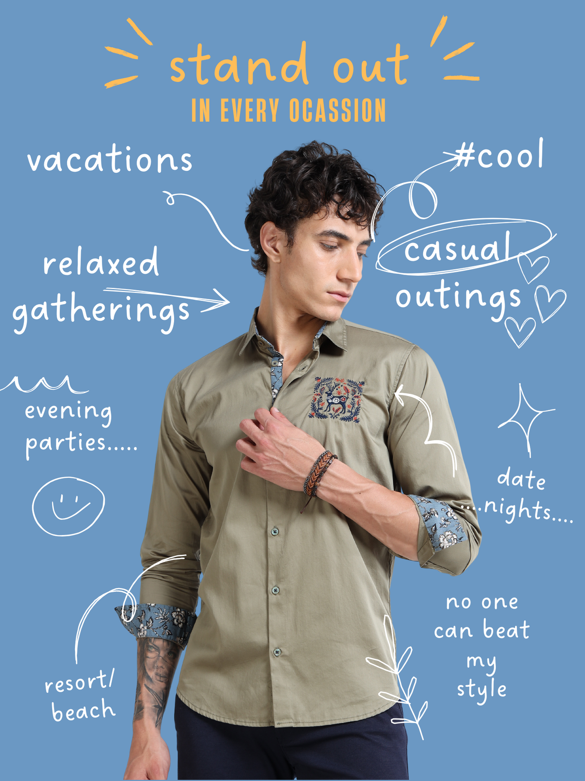 Men’s Olive Green Slim-Fit Shirt with Embroidered Stag Motif