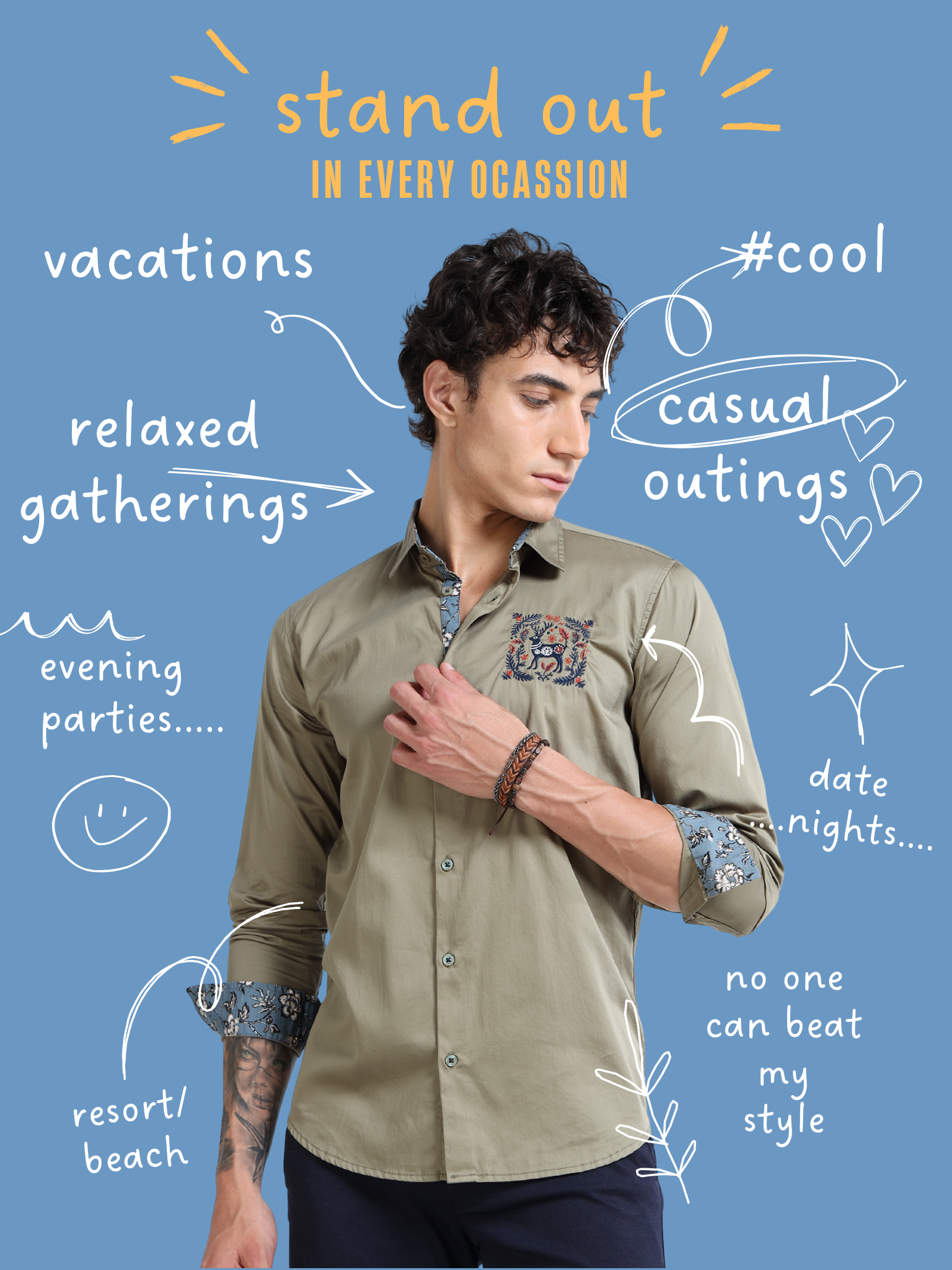 Men’s Olive Green Slim-Fit Shirt with Embroidered Stag Motif