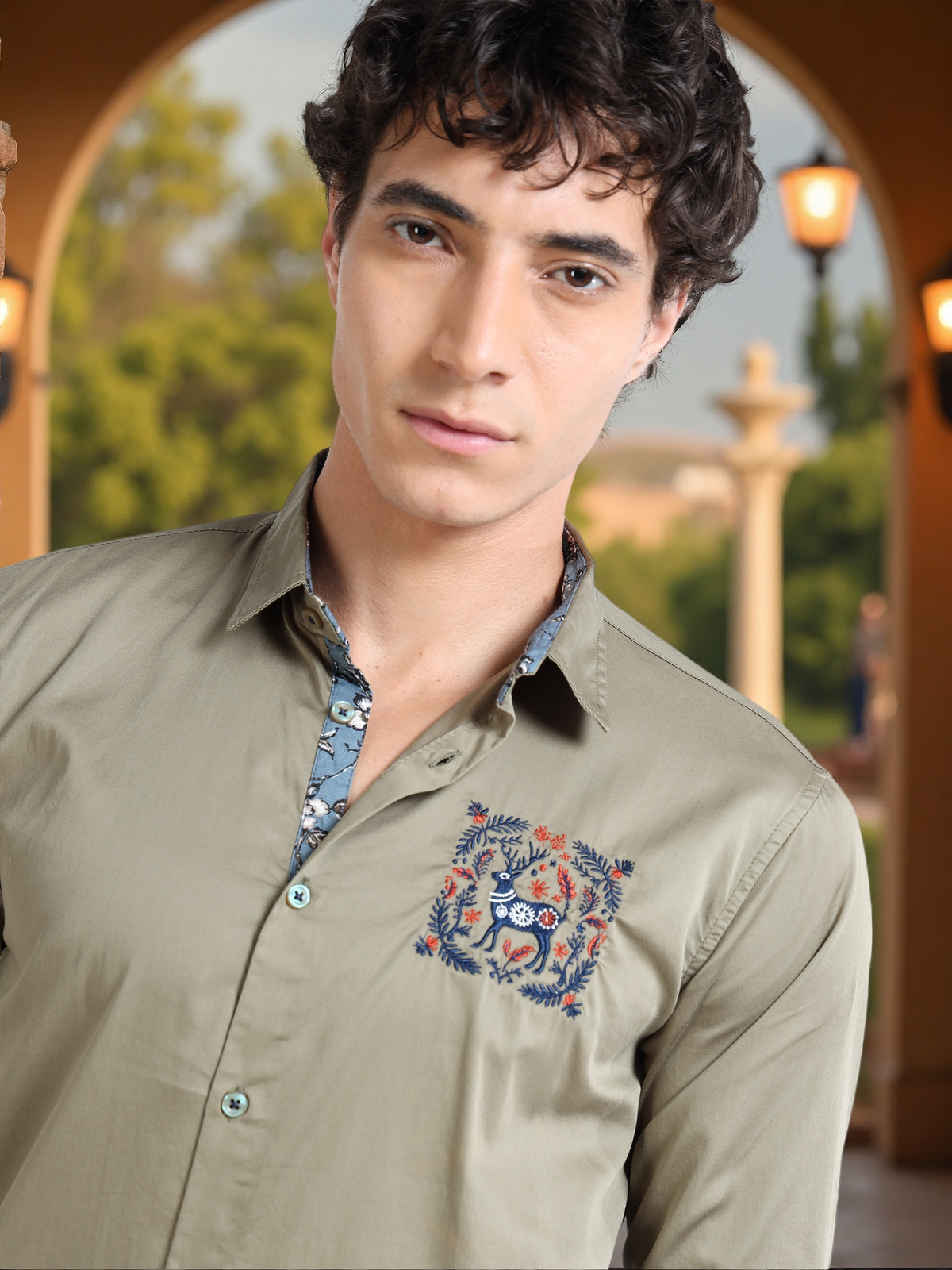 Men’s Olive Green Slim-Fit Shirt with Embroidered Stag Motif