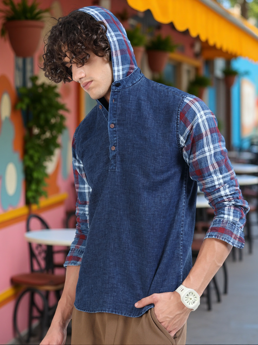 Men’s Indigo Denim Hooded Cotton Shirt with Plaid Contrast Sleeves and Half Placket