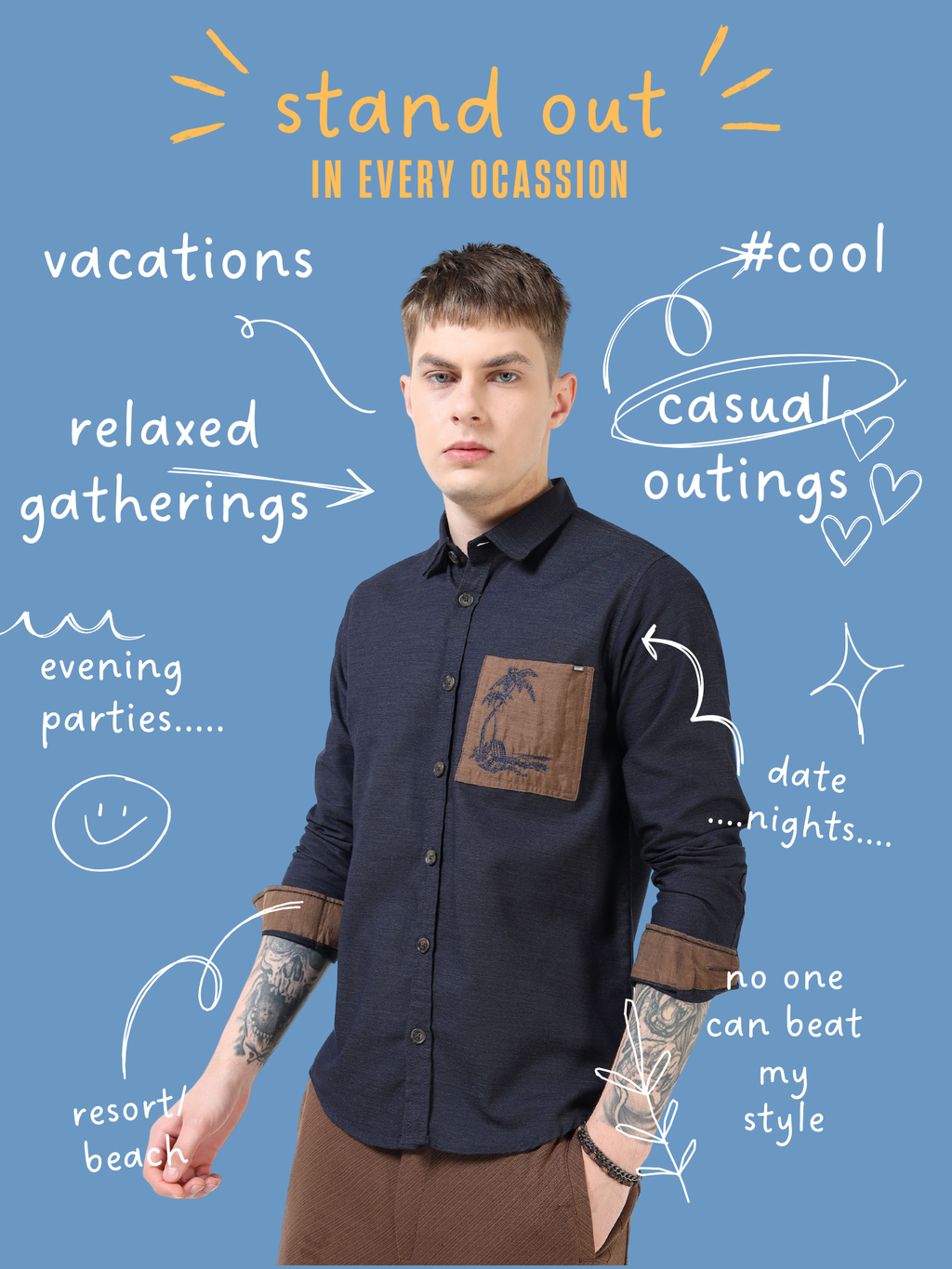 Men’s Black Cotton Casual Shirt with Contrast Brown Embroidered Pocket