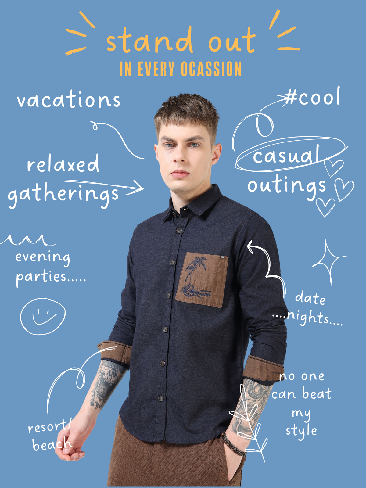 Men’s Black Cotton Casual Shirt with Contrast Brown Embroidered Pocket