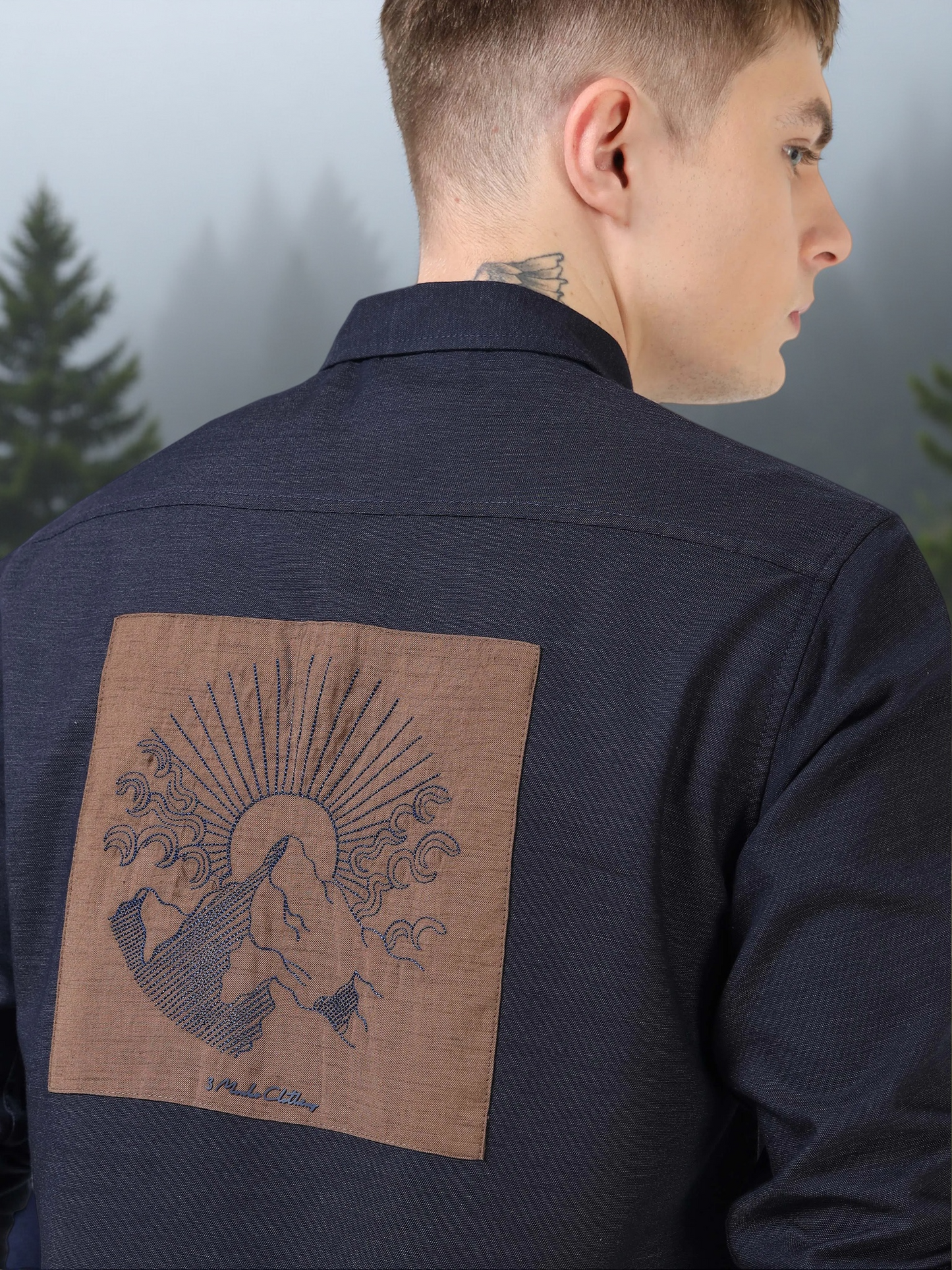 Men’s Black Cotton Casual Shirt with Contrast Brown Embroidered Pocket