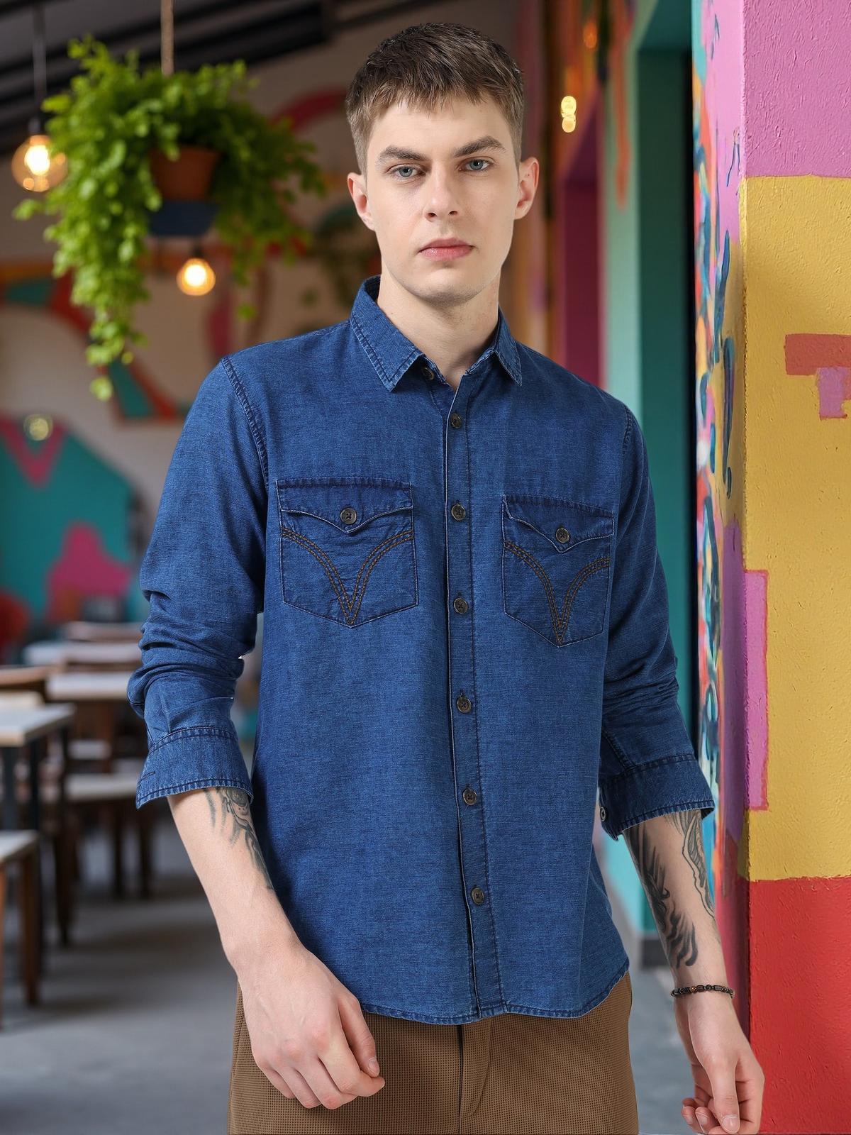 Men’s Indigo Blue Denim Cotton Utility Shirt with Dual Flap Pockets