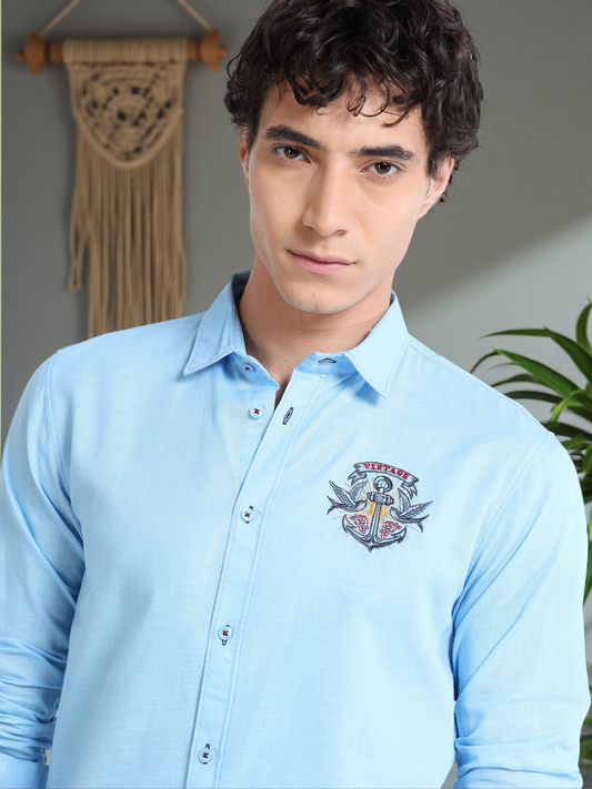 Men’s Light Blue Cotton Casual Shirt with Anchor Embroidery Detailing