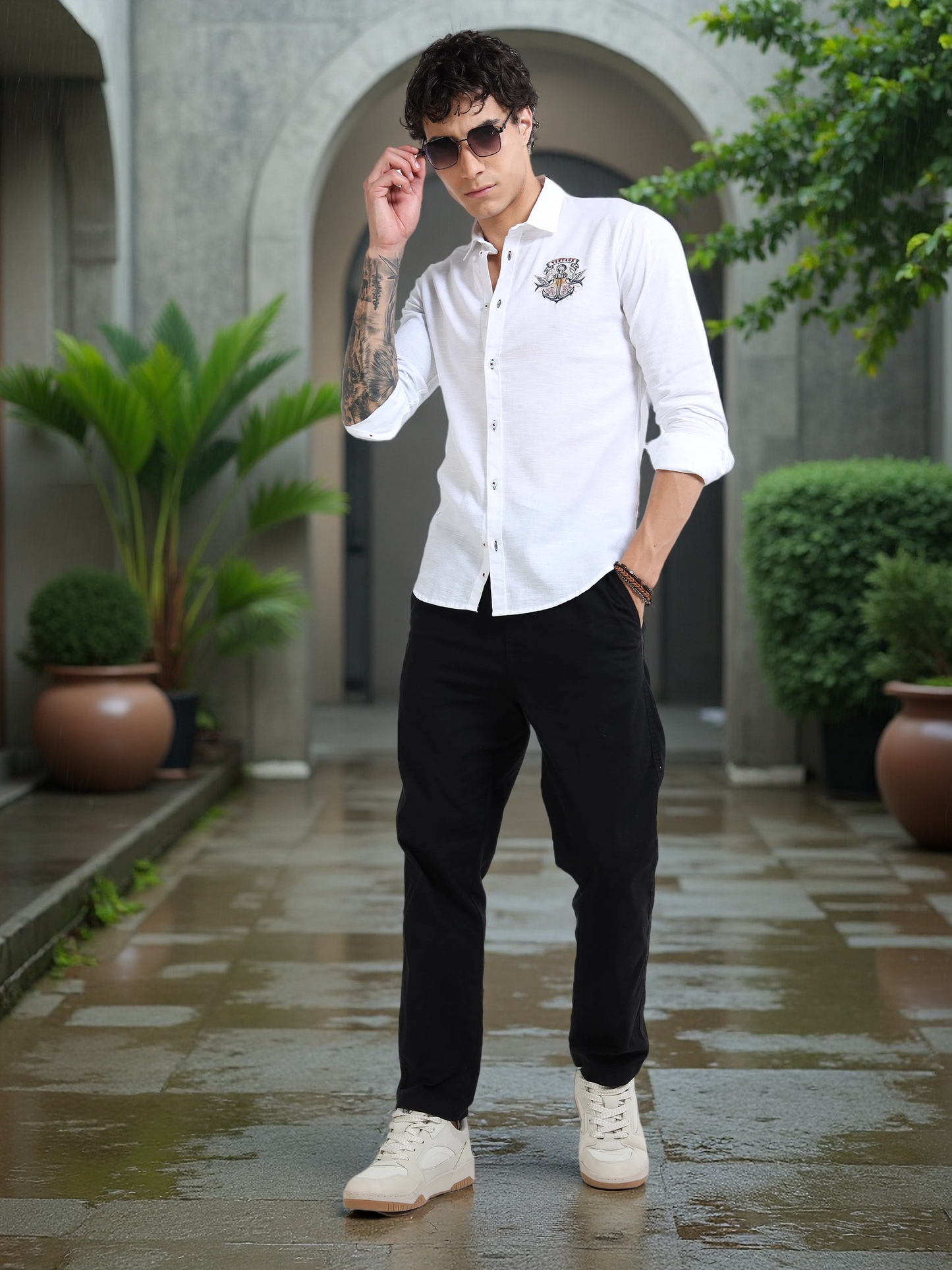 Men’s White Cotton Casual Shirt with Anchor Embroidery Detailing